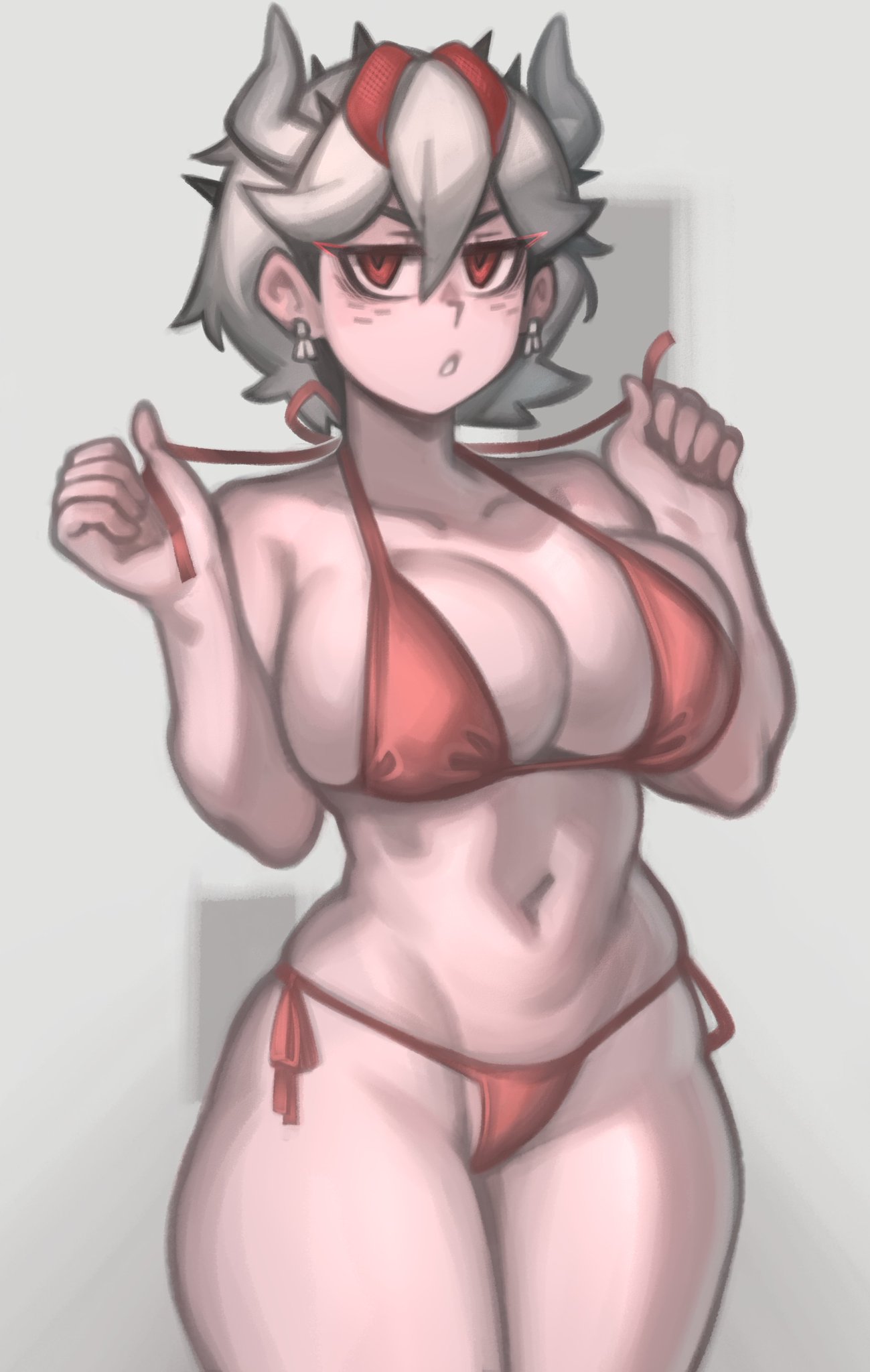 beelzebub (helltaker), bikini, breasts, cleavage, demon, earrings, female, freckles, helltaker, kelvin hiu, large breasts, navel, piercing, red eyes, side-tie bikini, standing, tagme, white hair
