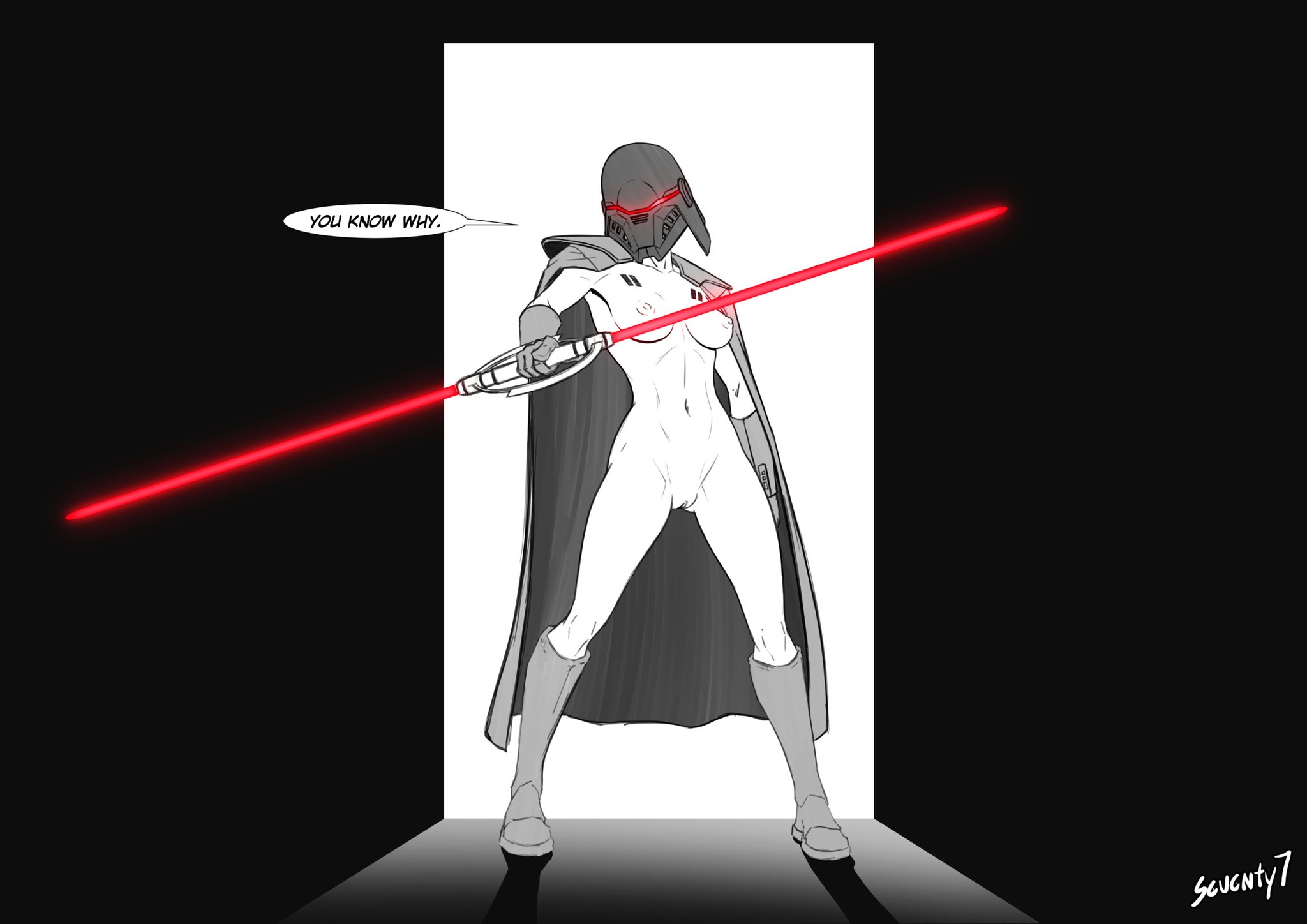1girls, athletic, athletic female, breasts, busty, clothing, dual-bladed lightsaber, female, footwear, handwear, hourglass figure, human, inquisitor (star wars), jedi: fallen order, legs, lightsaber, mostly nude, naked, naked footwear, nude, nude female, outerwear, pussy, red lightsaber, second sister, seventy7, star wars, text, thick, thighs, trilla suduri, upper body, vagina, villain, voluptuous