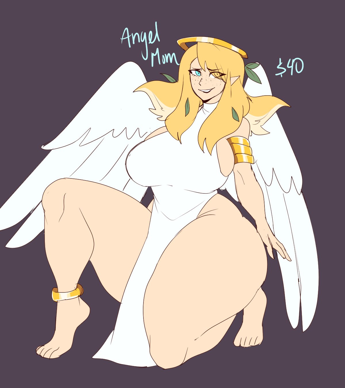 1girls, angel, angel wings, barefoot, big breasts, blonde hair, bluueygooey, breasts, female, female focus, female only, huge breasts, oc, original, original character, partially clothed, thick thighs, thighs, wings