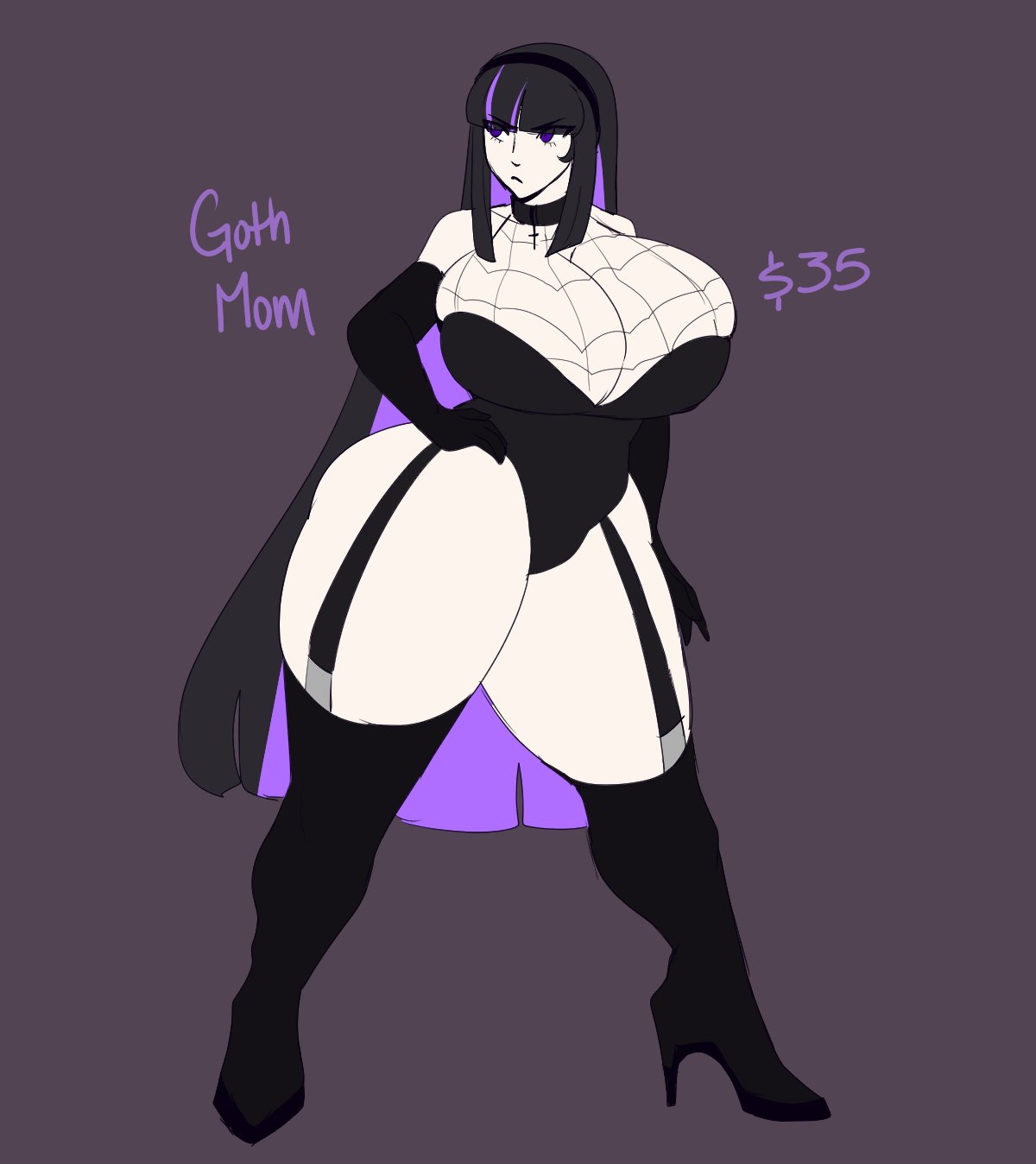 big breasts, black gloves, black legwear, bluueygooey, boots, breasts, choker, cleavage, collar, curvy, female, female focus, female only, fishnet, fishnets, garter belt, gloves, goth, goth girl, goth milf, gothic, huge breasts, long hair, massive breasts, mature, mature female, milf, mother, multicolored hair, original, original character, thick thighs, thighs
