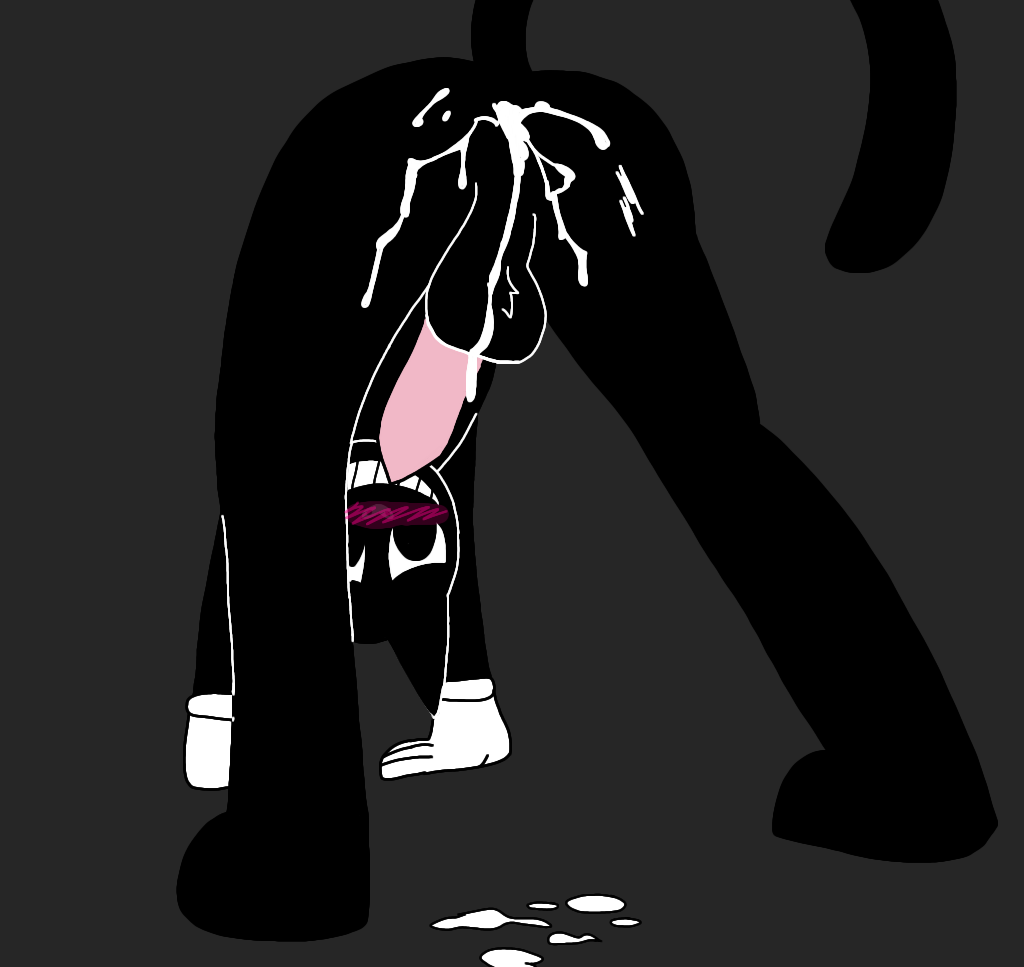 1boy anthro backsack balls big_ass big_eyes black_eyes black_fur black_nose cartoon_cat cat_ears cat_tail creampie cum_in_ass cum_on_balls cum_on_floor cum_splatter cute feline feline_penis gay looking_at_penis looking_back male_anus male_only pink_penis riskaver_(artist) smiling trevor_henderson white_gloves yaoi