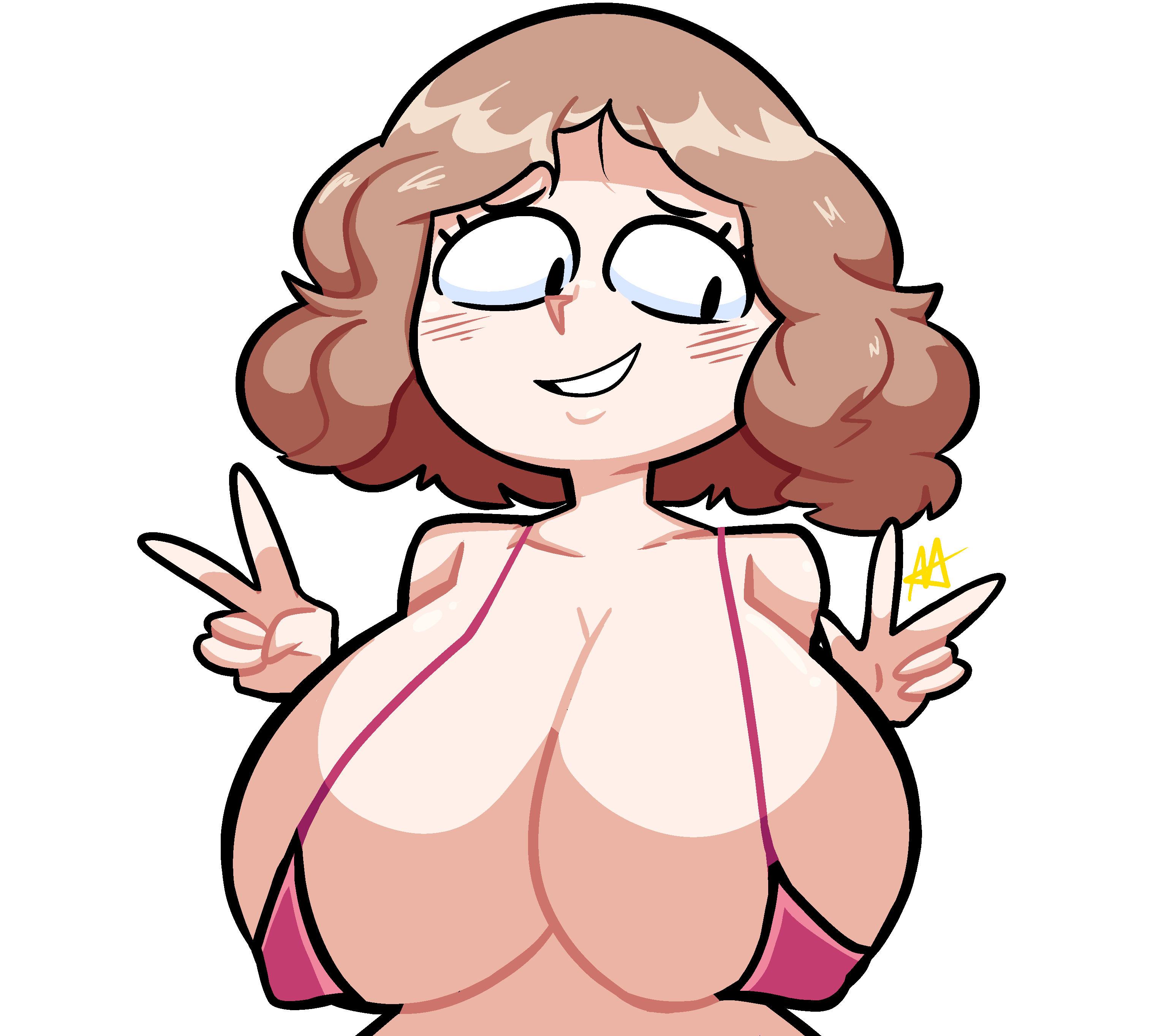 big breasts, blush, breasts, cleavage, double v, embarrassed, female, haru okumura, hecto, huge breasts, peace sign, persona, persona 5, string bikini, v