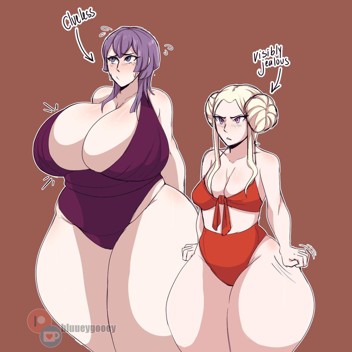 2girls, alternate breast size, bernadetta von varley, big breasts, bikini, bikini bottom, bikini top, blush, bluueygooey, bottom heavy, breast envy, breast size difference, breasts, chubby, chubby female, cleavage, curvy, curvy figure, edelgard von hresvelg, english text, female, female focus, female only, fire emblem, fire emblem: three houses, hips, huge breasts, huge thighs, hyper, hyper breasts, hyper thighs, intelligent systems, jealous, larger female, massive breasts, multiple females, multiple girls, narrow shoulders, nintendo, post-timeskip, purple hair, short hair, simple background, size difference, slightly chubby, small breasts, smaller female, swimsuit, text, thick thighs, thighs, thunder thighs, voluptuous, wide hips
