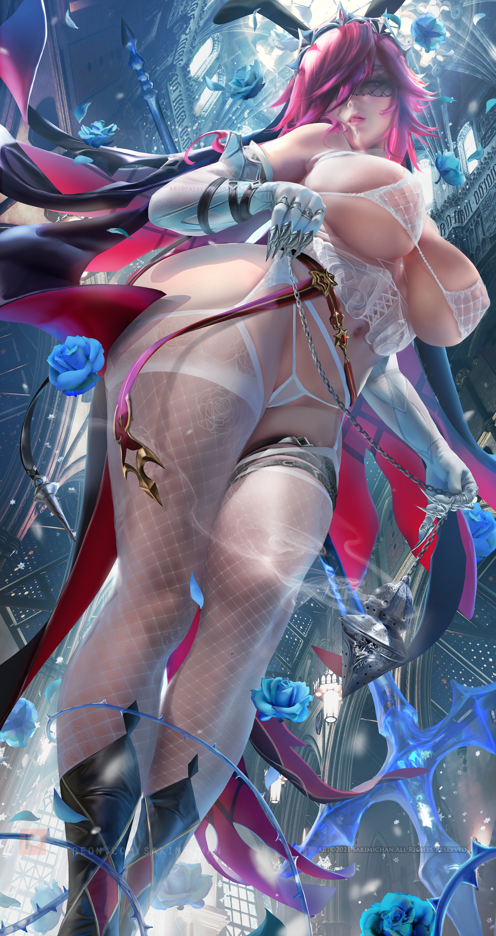 bra, breasts, chains, duplicate, female, female only, genshin impact, huge breasts, large breasts, nun, pantyhose, rosaria (genshin impact), sakimichan, thick thighs, tongue