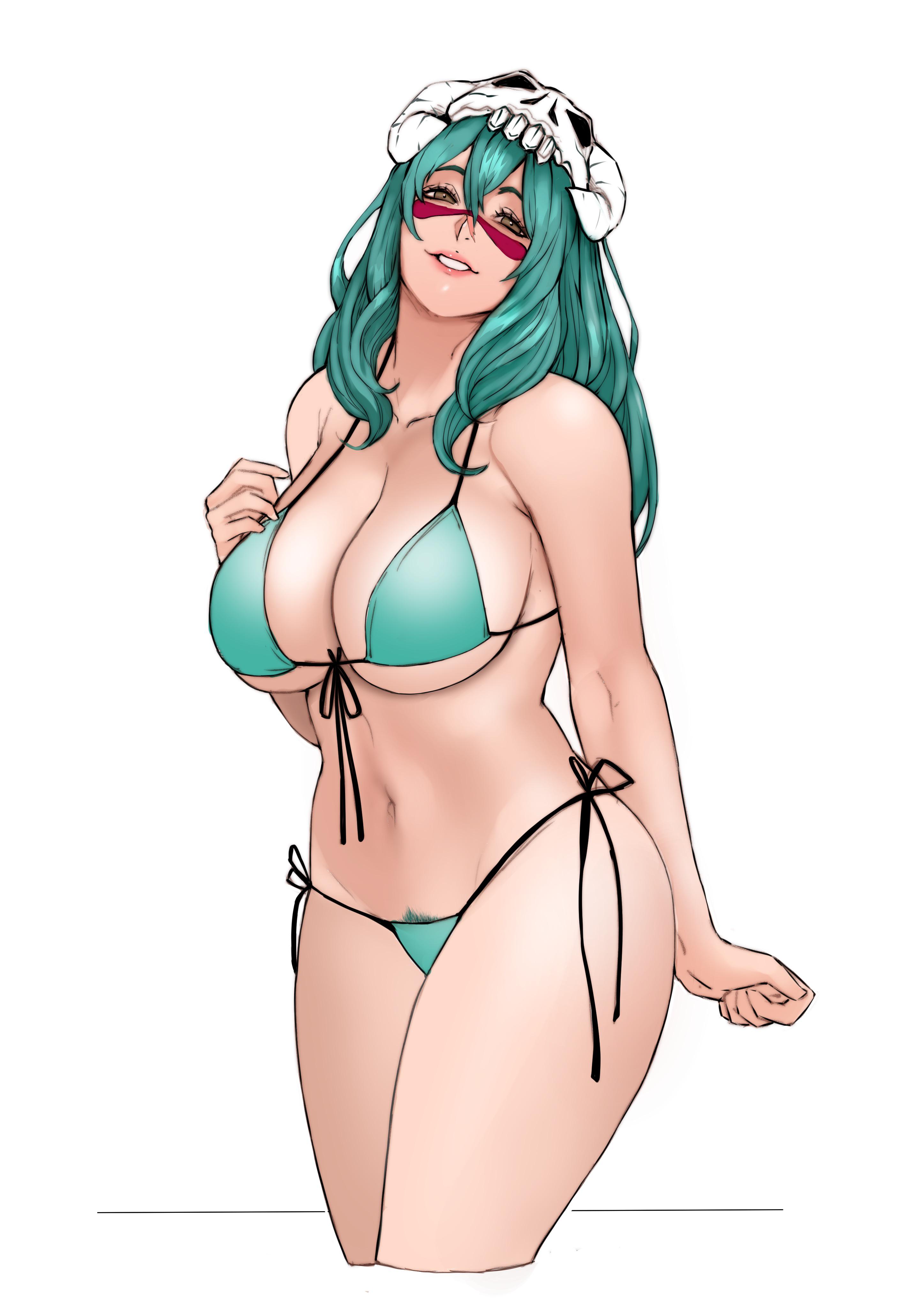 1girls, bangs, bare shoulders, big breasts, bikini, bleach, breasts, cleavage, collarbone, cropped legs, curvaceous, curvy, curvy female, curvy figure, facepaint, female, female only, female pubic hair, green hair, hair between eyes, hazel eyes, headwear, huge breasts, jnsdh, large breasts, light skin, light-skinned female, lipstick, long hair, looking at viewer, makeup, midriff, navel, nelliel tu odelschwanck, paipan, pale skin, pale-skinned female, parted lips, plain background, pubic hair, pubic hair peek, shiny, shiny hair, shiny skin, side-tie bikini, simple background, skull, skull hair ornament, smile, smiling at viewer, solo, solo focus, stomach, straps, swimsuit, white background, wide hips