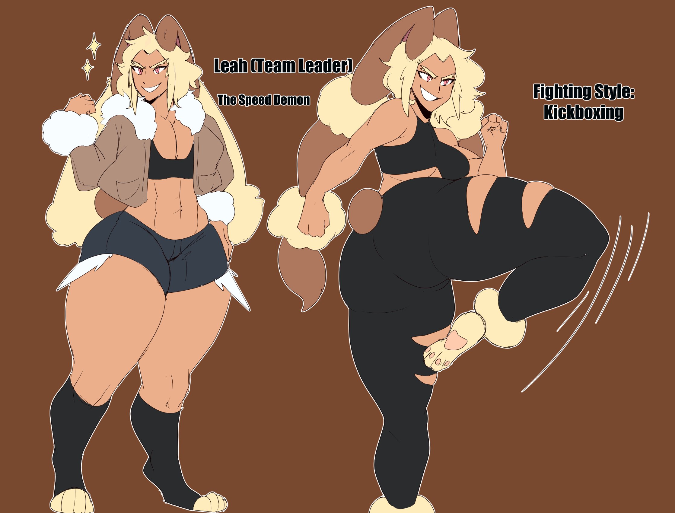 1girls, abs, bluueygooey, bunny, bunny ears, bunny girl, female, female focus, female only, fit, fit female, gijinka, human, humanized, humanoid, lopunny, muscular, muscular female, original, original character, paws, pokemon, pokemon (species), shorts, thick thighs, thighs, toned, toned female