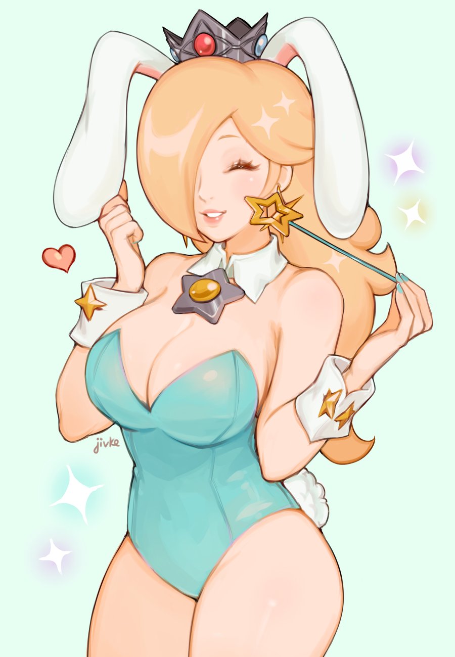 1girls animal_ears big_breasts blonde_hair blue_background blue_leotard blue_nails breasts bunny_ears bunny_girl bunny_tail bunnysuit cleavage closed_eyes cute fake_animal_ears fake_tail female female_only fully_clothed hair_over_one_eye heart jivke leotard long_hair mario_(series) nail_polish nintendo one_eye_covered princess_rosalina simple_background smile solo standing strapless strapless_leotard tail thick_thighs thighs wand wrist_cuffs