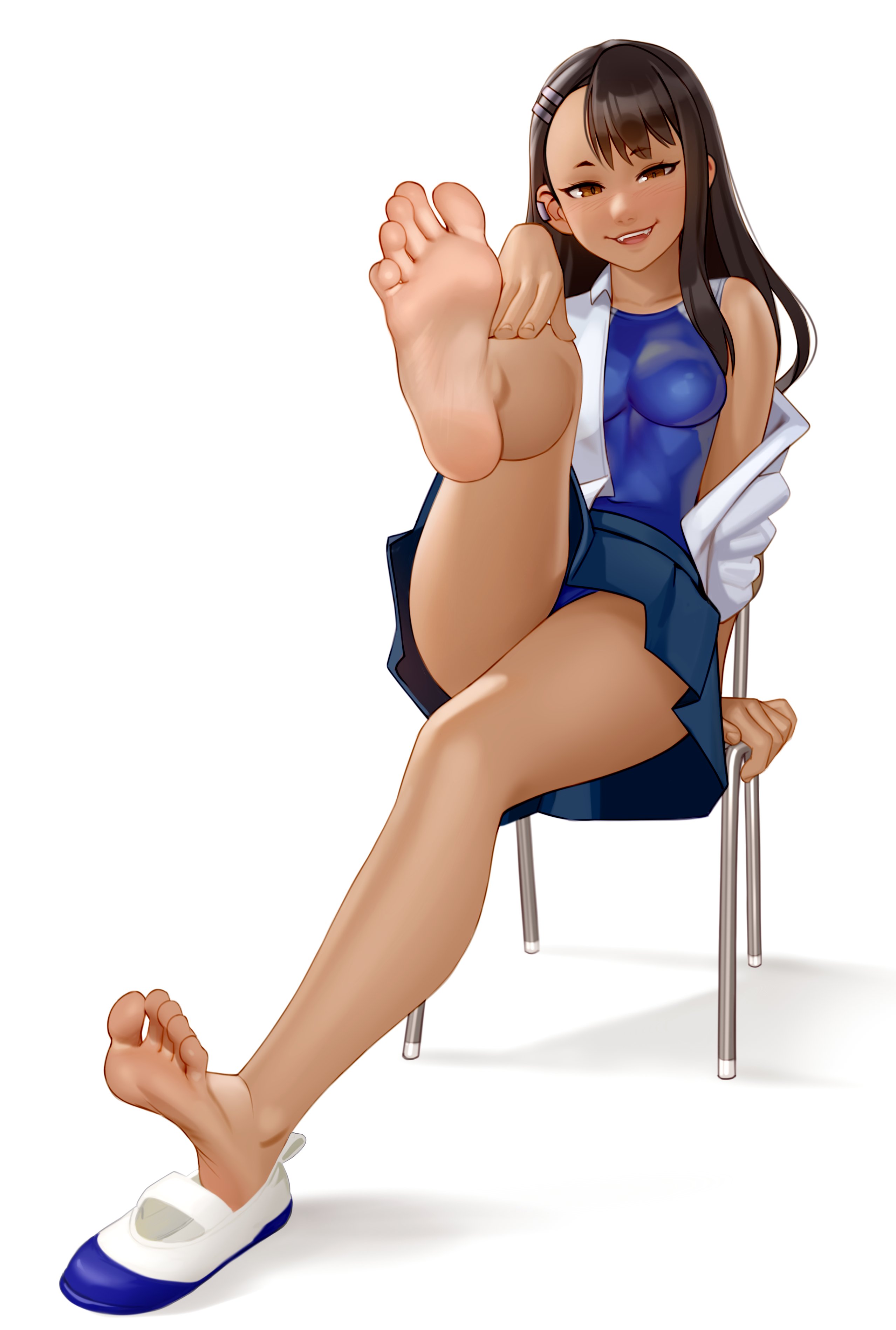 1girls, 2d, barefoot, black hair, blush, breasts, brown eyes, clothed, clothing, feet, feet up, female, female focus, female only, foot fetish, foot focus, full body, full color, greek toe, hayase nagatoro, hi res, kairuhentai, kairunoburogu, long hair, looking at viewer, medium breasts, nipples, no penetration, open mouth, please don't bully me, nagatoro, presenting feet, revealing clothes, simple background, sitting, skirt, smile, soles, solo, solo female, swimsuit, swimsuit under clothes, toes, white background