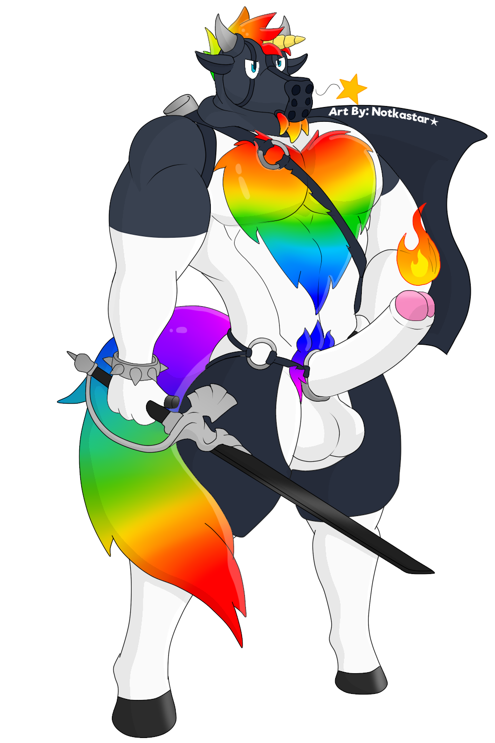 anthro balls chaps clothing dave_(character) equid equine erection fire genitals hair hi_res horn magic male mammal melee_weapon multicolored_hair muscular muscular_anthro muscular_male notkastar penis rainbow signature solo standing sword unicorn weapon