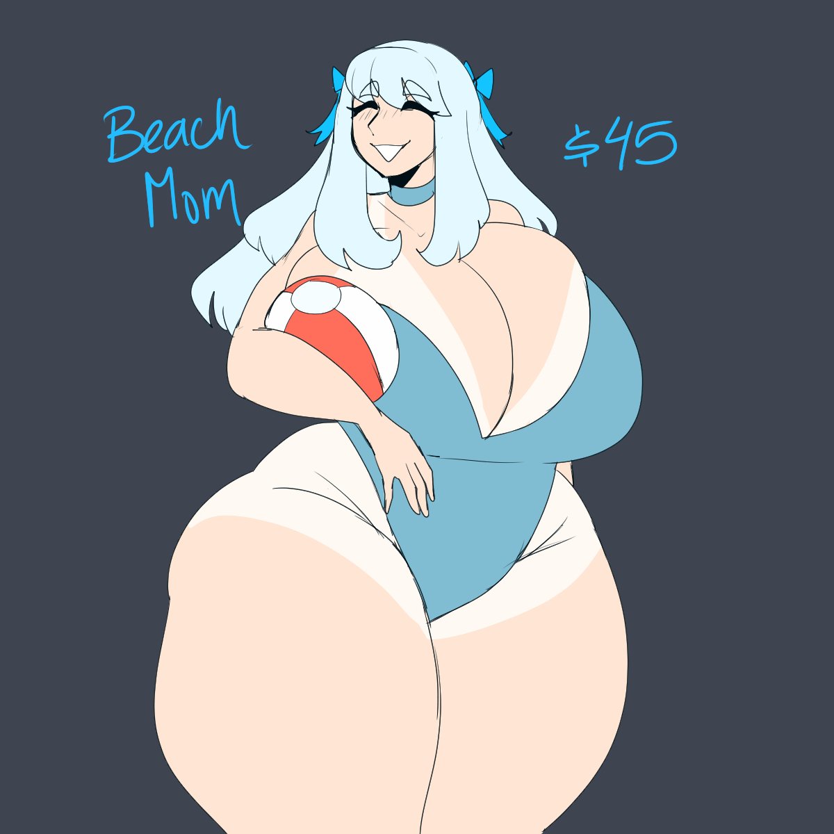 1girls, beachball, big breasts, bluueygooey, breasts, breasts bigger than head, chubby, chubby female, cleavage, closed eyes, female, female focus, female only, huge breasts, mature, mature female, milf, mother, original, original character, swimsuit, tan lines, tanline, thick thighs, thighs, white hair