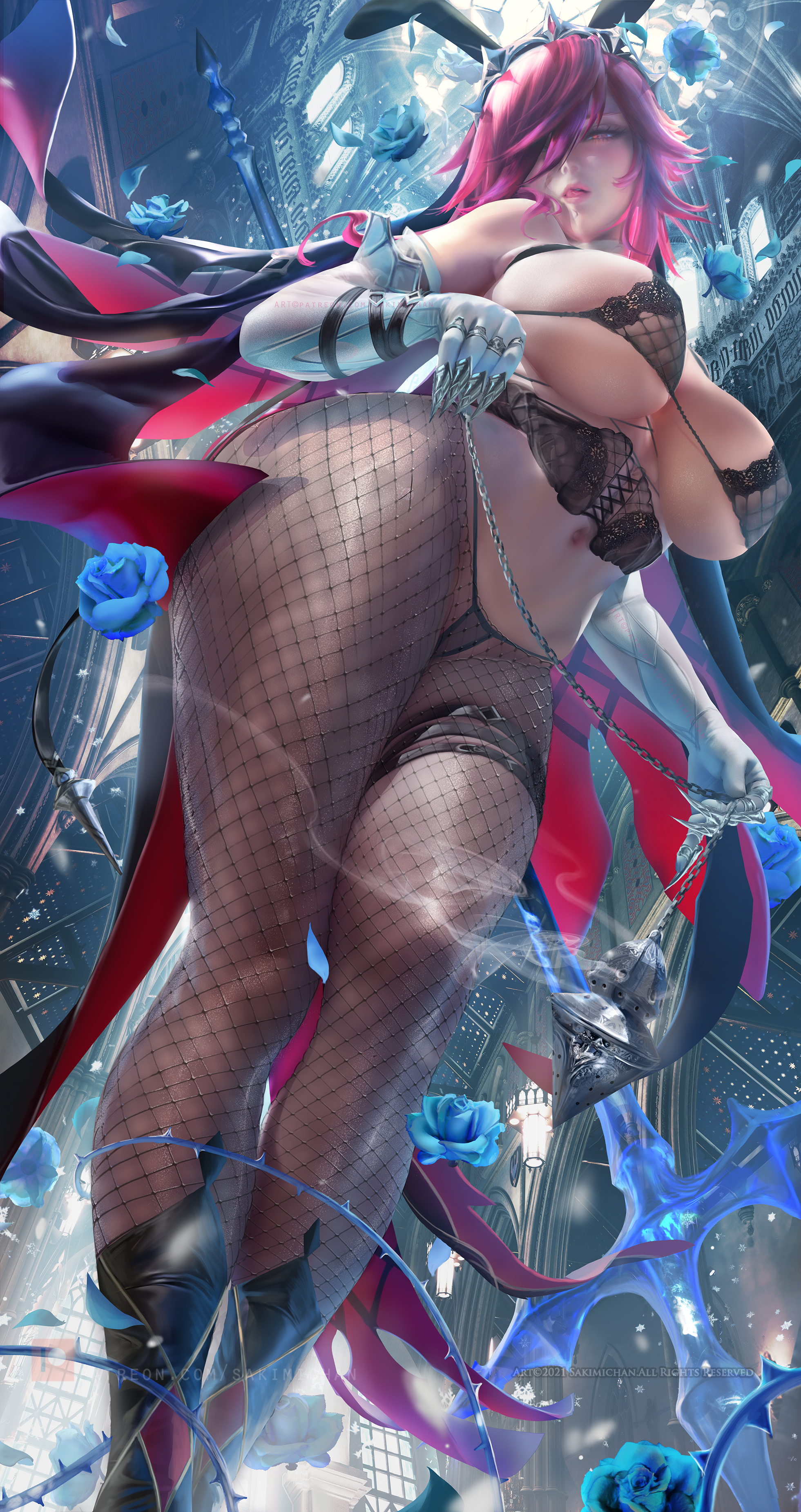 bra, breasts, duplicate, female, female only, genshin impact, huge breasts, large breasts, nipples, pantyhose, pussy, rosaria (genshin impact), sakimichan, thick thighs, tongue