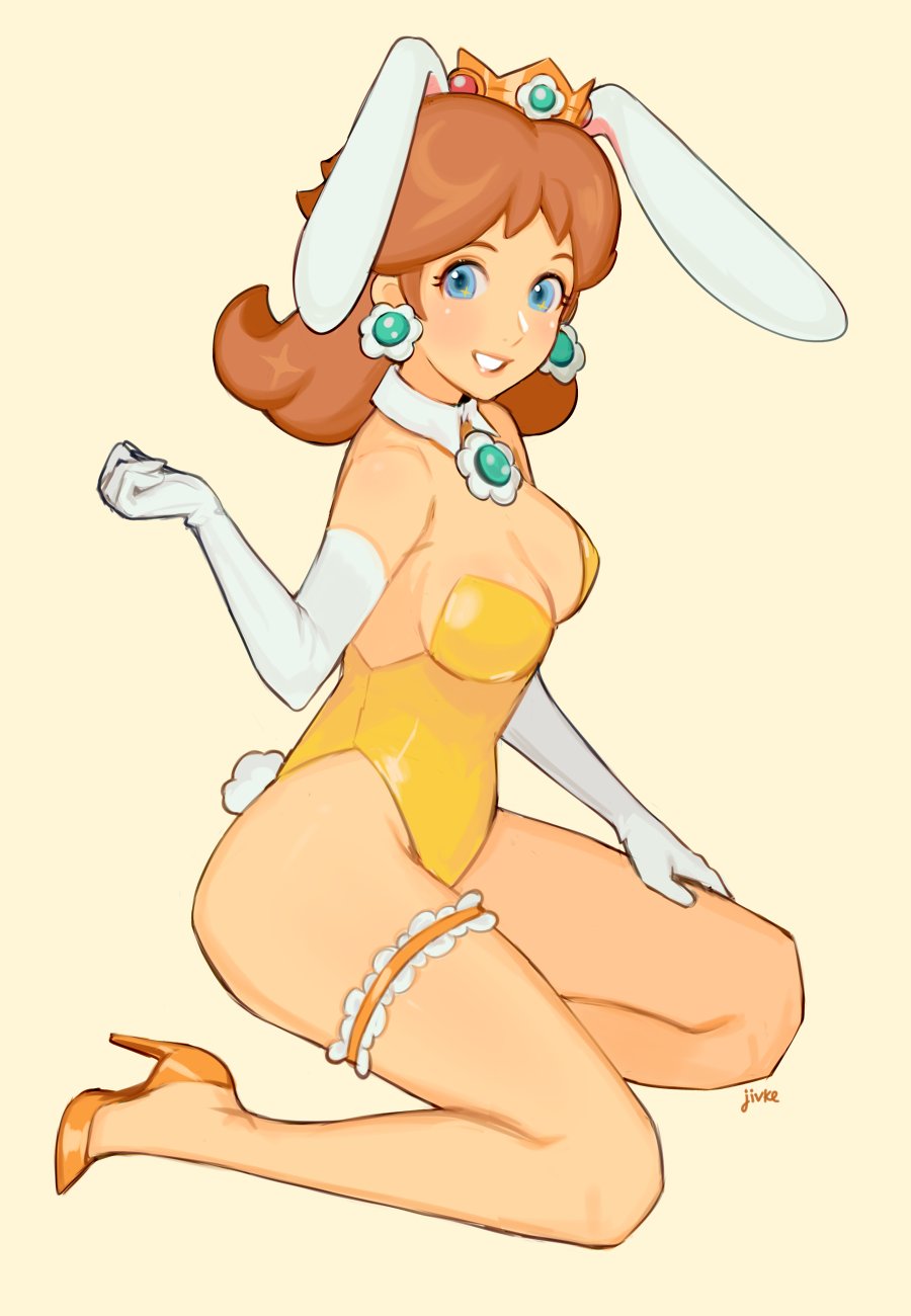 1girls animal_ears ass blue_eyes breasts brown_hair bunny_ears bunny_girl bunny_tail bunnysuit cleavage earrings elbow_gloves fake_animal_ears fake_tail female female_only full_body gloves gold_heels hand_on_thigh high_heels jivke leotard long_gloves looking_at_viewer mario_(series) nintendo on_knees orange_background princess_daisy simple_background sitting smile solo strapless strapless_leotard tail thigh_strap thighs wariza yellow_leotard