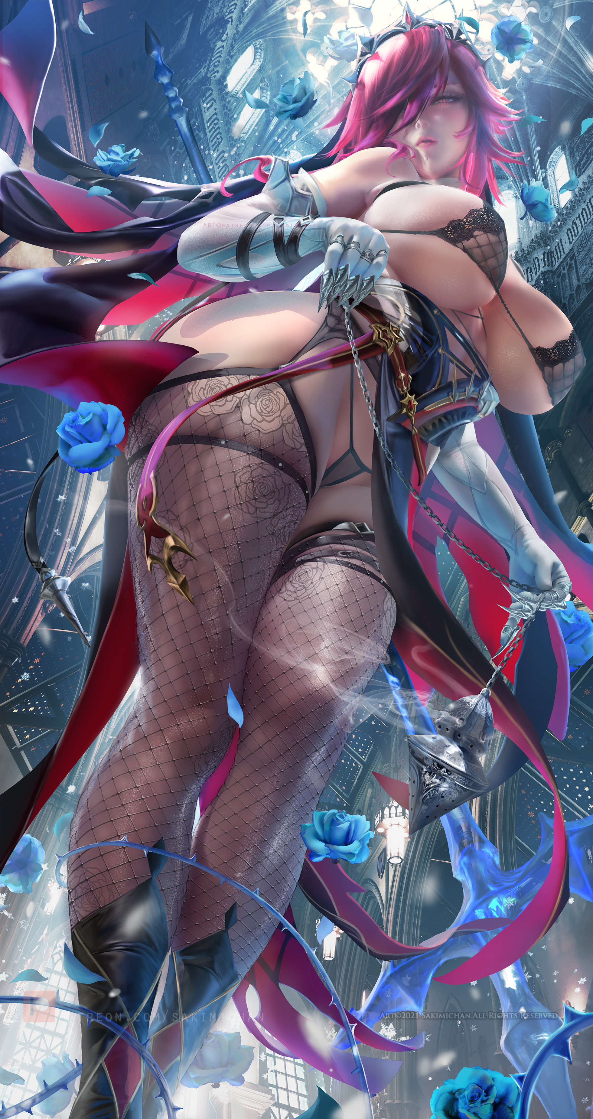 bra, breasts, chains, female, female only, genshin impact, huge breasts, large breasts, nipples, nun, pussy, rosaria (genshin impact), sakimichan, stockings, thick thighs