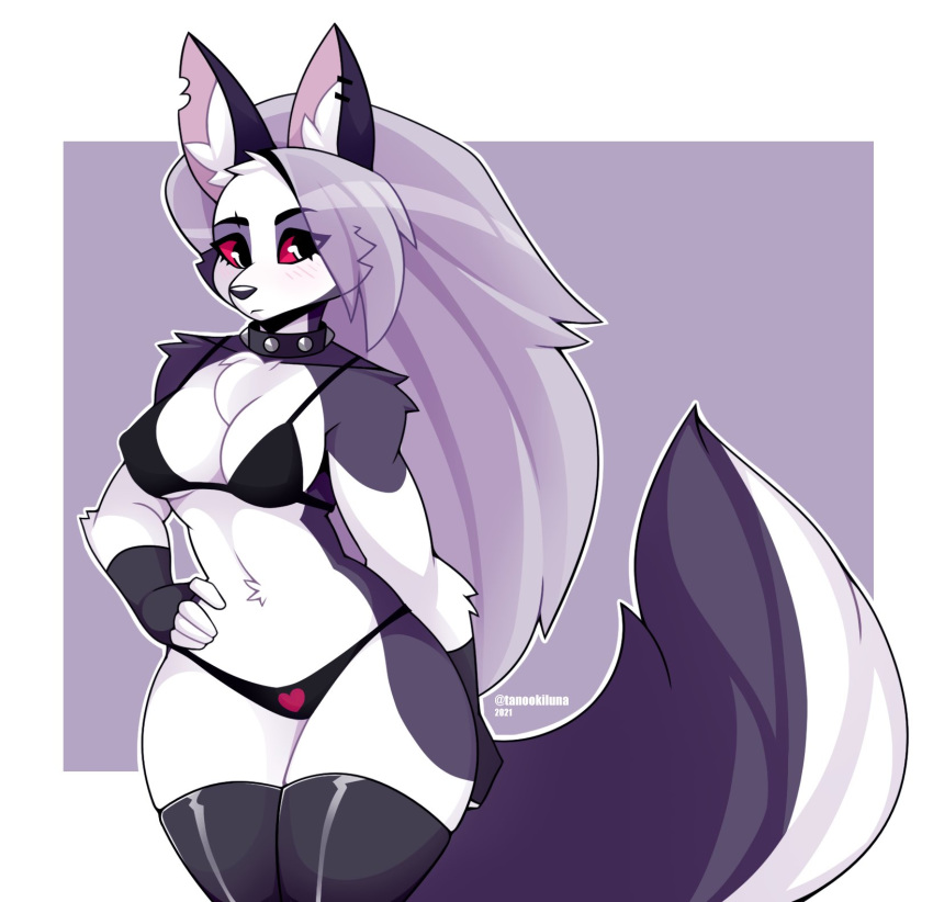1girls, anthro, bikini, blush, canid, canid demon, canine, clothed, clothing, collar, demon, digital media (artwork), ear piercing, female, fur, grey body, hair, hellhound, helluva boss, hi res, leggings, legwear, loona (helluva boss), mammal, piercing, red eyes, simple background, solo, swimwear, tanookiluna, vivienne medrano