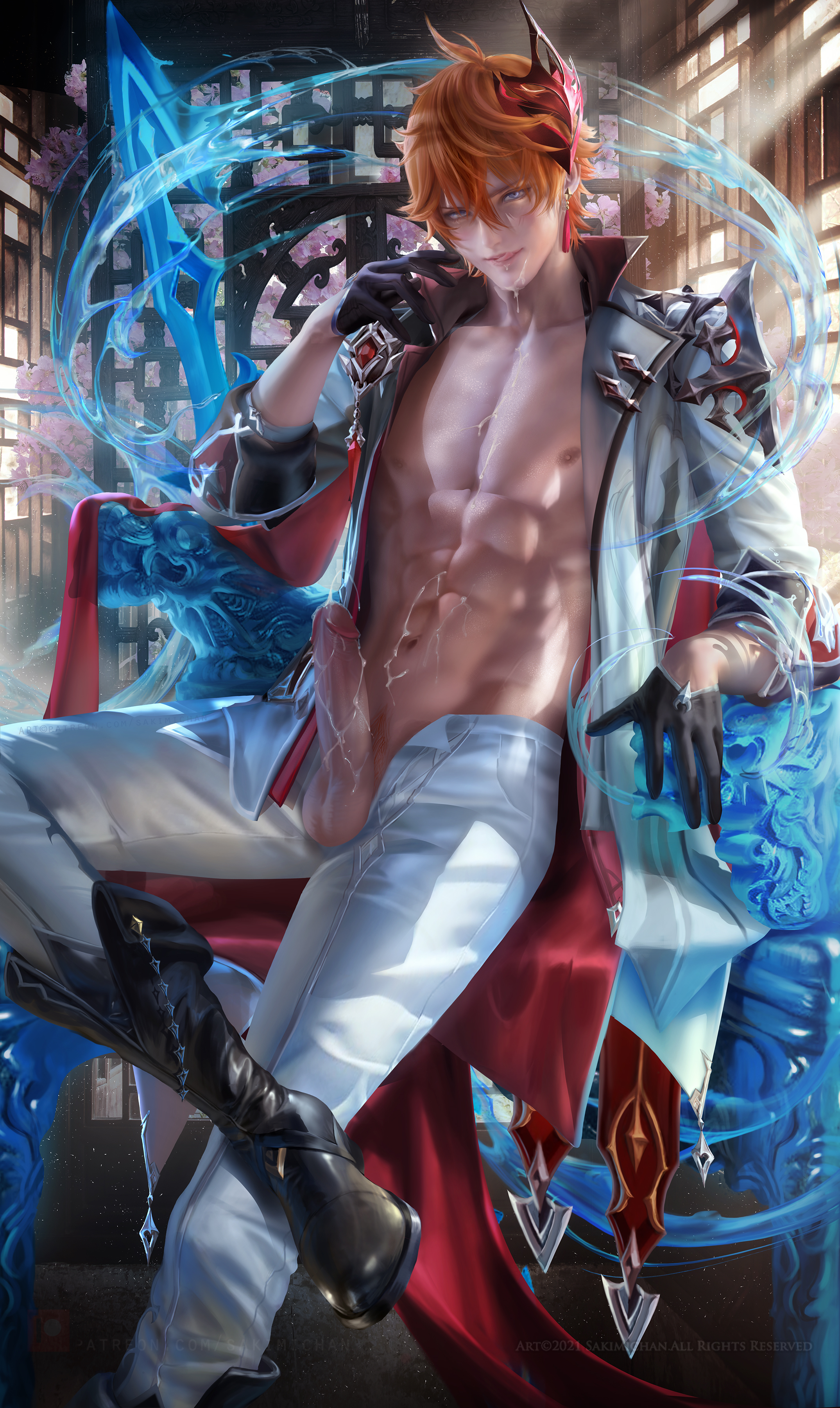 blue eyes, childe (genshin impact), cum, genshin impact, gloves, male, male only, nude, nude male, penis, sakimichan, tartaglia (genshin impact)