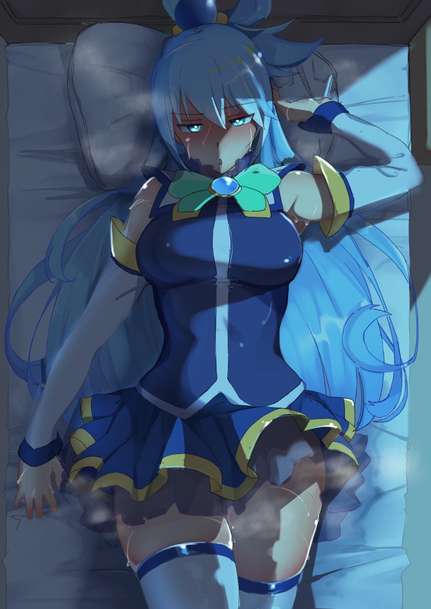 1girls, aqua (konosuba), bed, blue eyes, blue hair, blush, breasts, clothing, duplicate, female, female only, horny, kono subarashii sekai ni shukufuku wo!, night, shirabe shiki, short skirt, skirt, solo, sweat, thigh highs, thighs, white skin