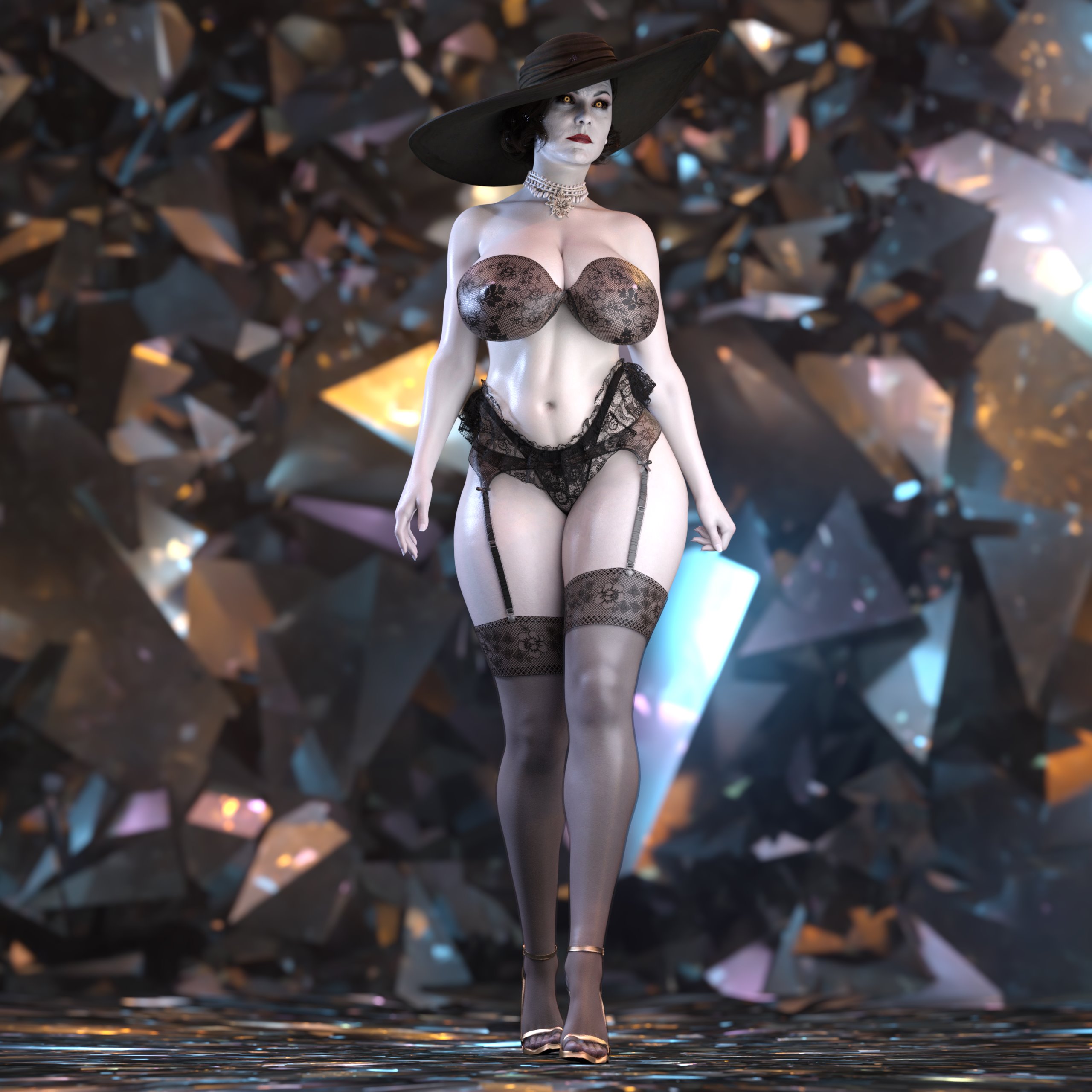 1girls, 3d, alcina dimitrescu, breasts, cleavage, female, female only, large breasts, lingerie, noahgraphicz, resident evil, resident evil 8: village, solo, thick thighs, thighhighs