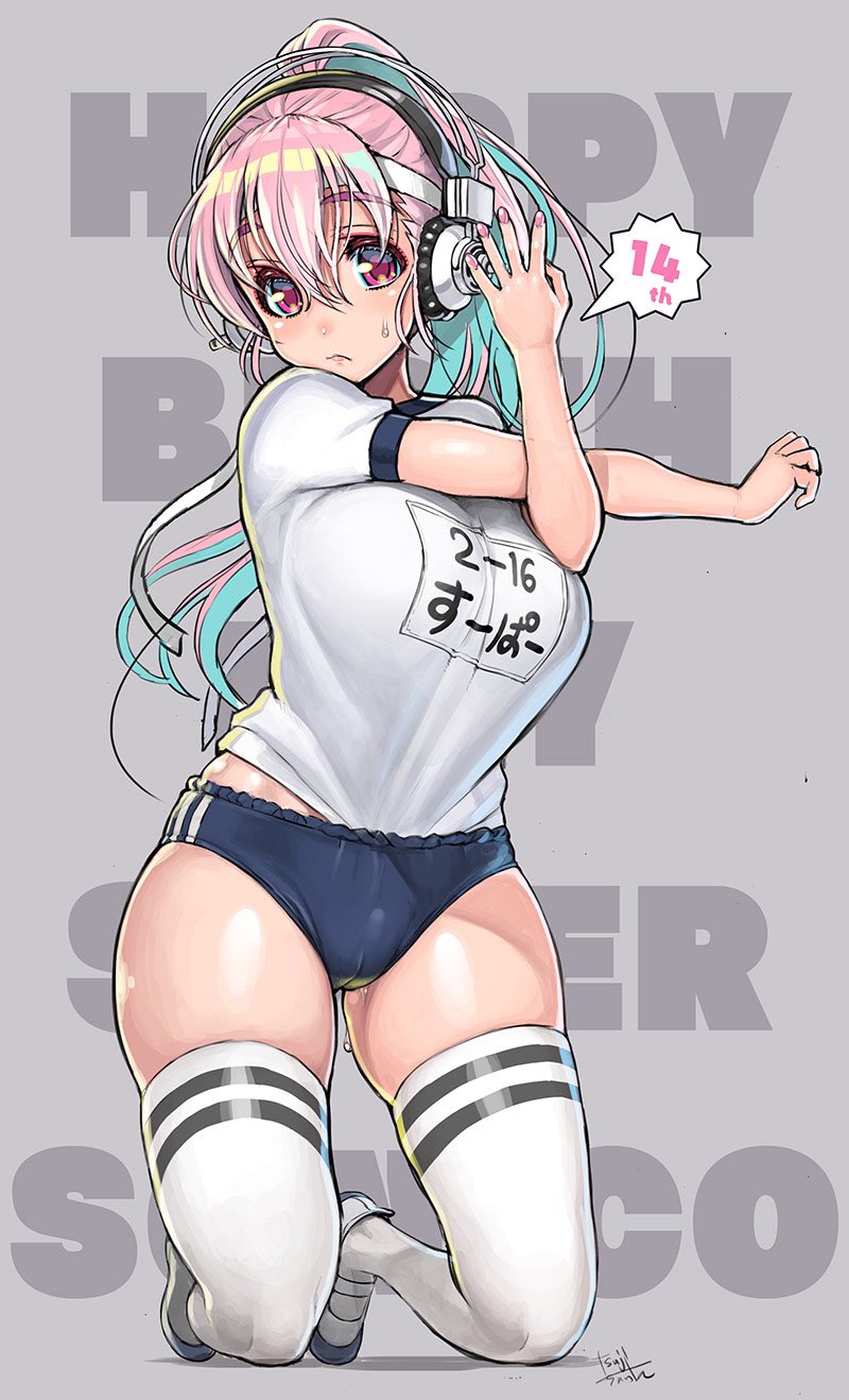 big_breasts bloomers buruma cameltoe curvy gym_uniform headphones huge_breasts looking_at_viewer pink_hair ponytail shorts stretching super_sonico sweatdrop thick_thighs thighhighs tsuji_santa wide_hips workout_clothes