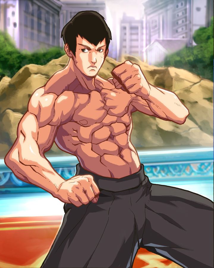 1boy abs artist_request biceps capcom detailed_background fei_long fighting_stance looking_at_another male_only muscular muscular_male nipples posing safe solo_male street_fighter unknown_artist