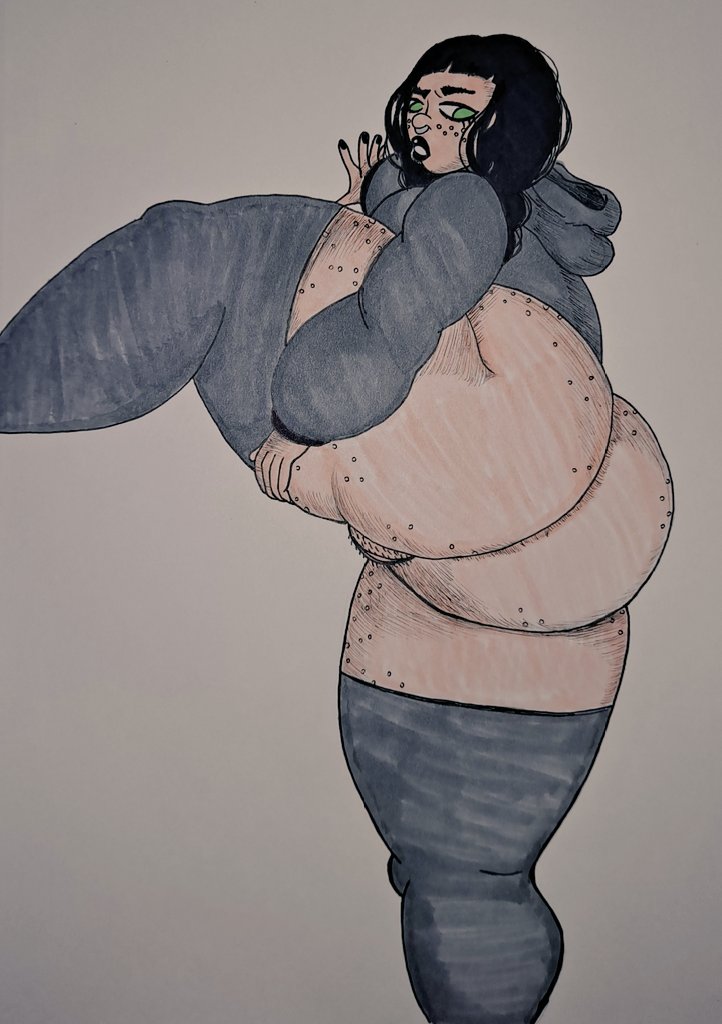 1girls bbw big_ass black_hair freckles green_eyes grey_background hoodie i_am_not_starfire lipstick long_hair mandy_anders marker_(medium) nail_polish no_panties no_pants nose_piercing plump pubic_hair pussy thick thick_thighs thighhighs