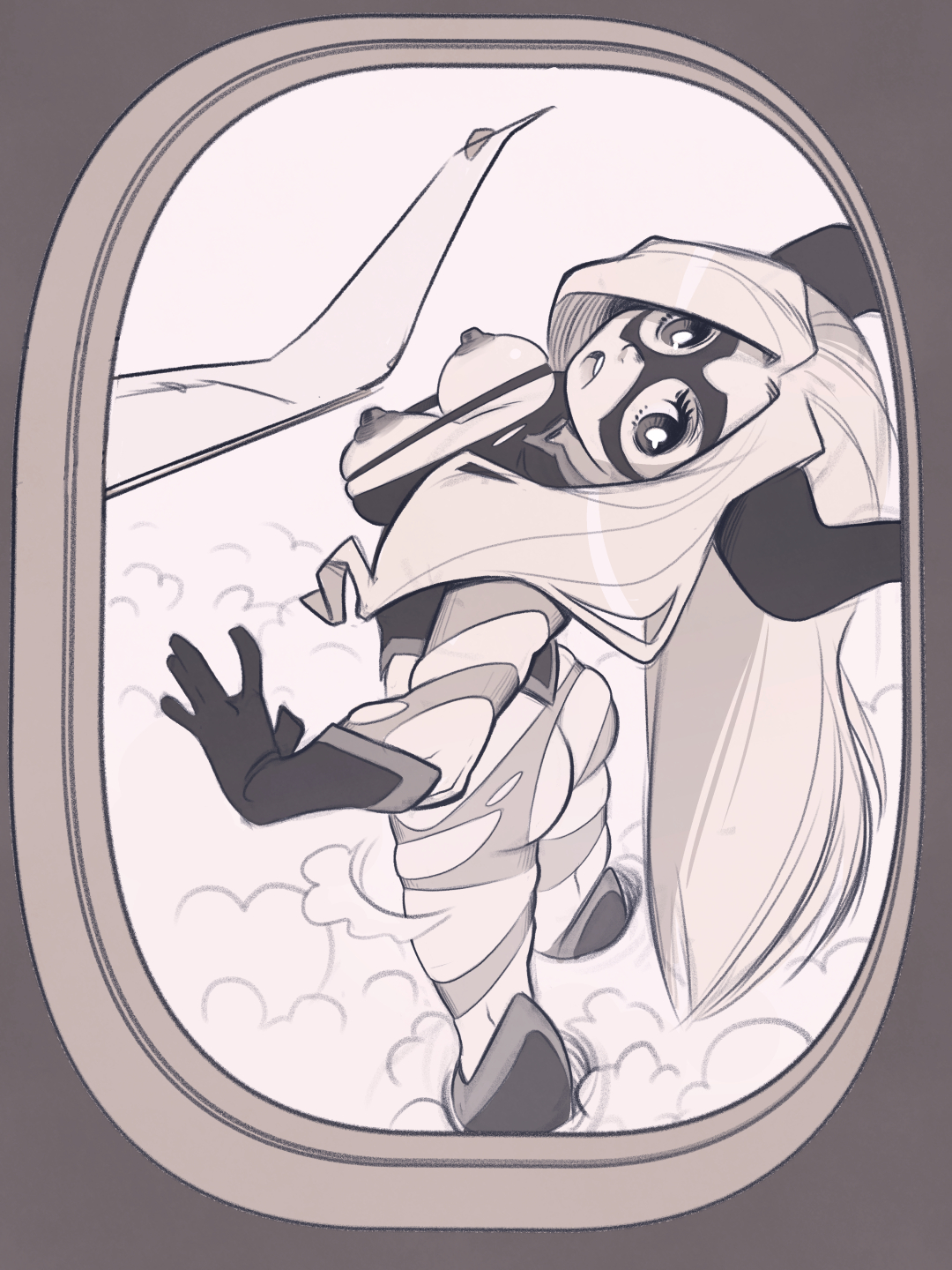 1girls, airplane, black and white, breasts, clouds, comic, creux, edit, exposed breasts, female, female focus, female only, giantess, looking out window, mask, monochrome, mount lady, my hero academia, nipples, open mouth, plane, plane window, pose, pov, shounen jump, sky, standing, superheroine, tagme, torn clothes, wide hips, window, yuu takeyama