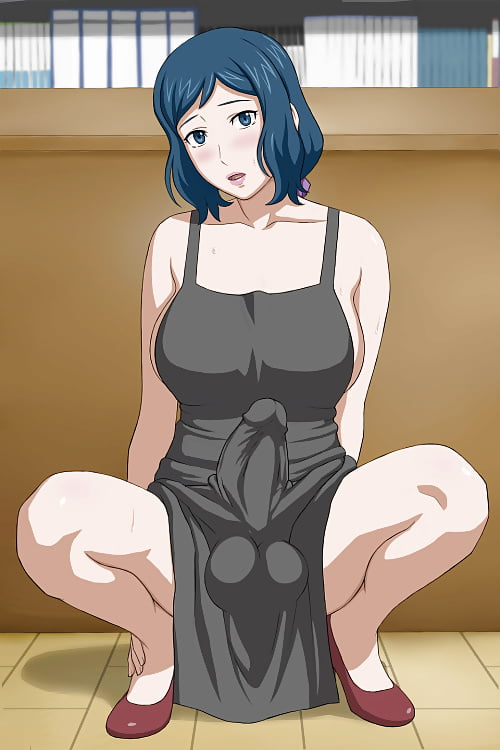 1futa apron balls big_balls big_breasts big_penis blue_eyes blue_hair breasts dark_blue_hair erection_under_clothes futa_only futanari human light_skin looking_at_viewer milf pale-skinned_futanari pale_skin penis solo x_bokkis