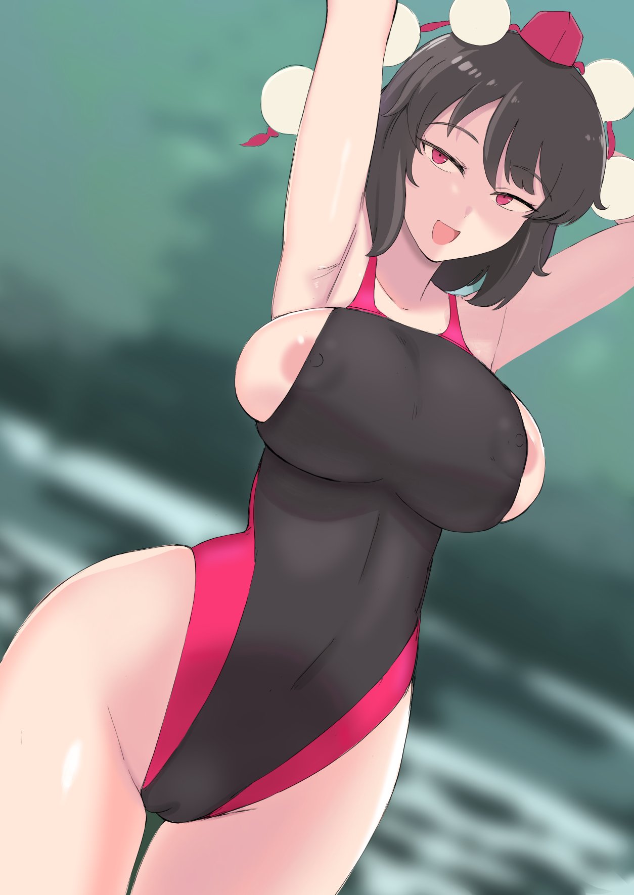 anda inmu, areola slip, big breasts, black hair, breasts, breasts out of clothes, cameltoe, clothed, female, fully clothed, half-closed eyes, hamaburicchi, nipple bulge, nipple slip, one-piece swimsuit, pink nipples, pussy, red eyes, seductive, shameimaru aya, swimsuit, tagme, tengu, touhou, wide hips