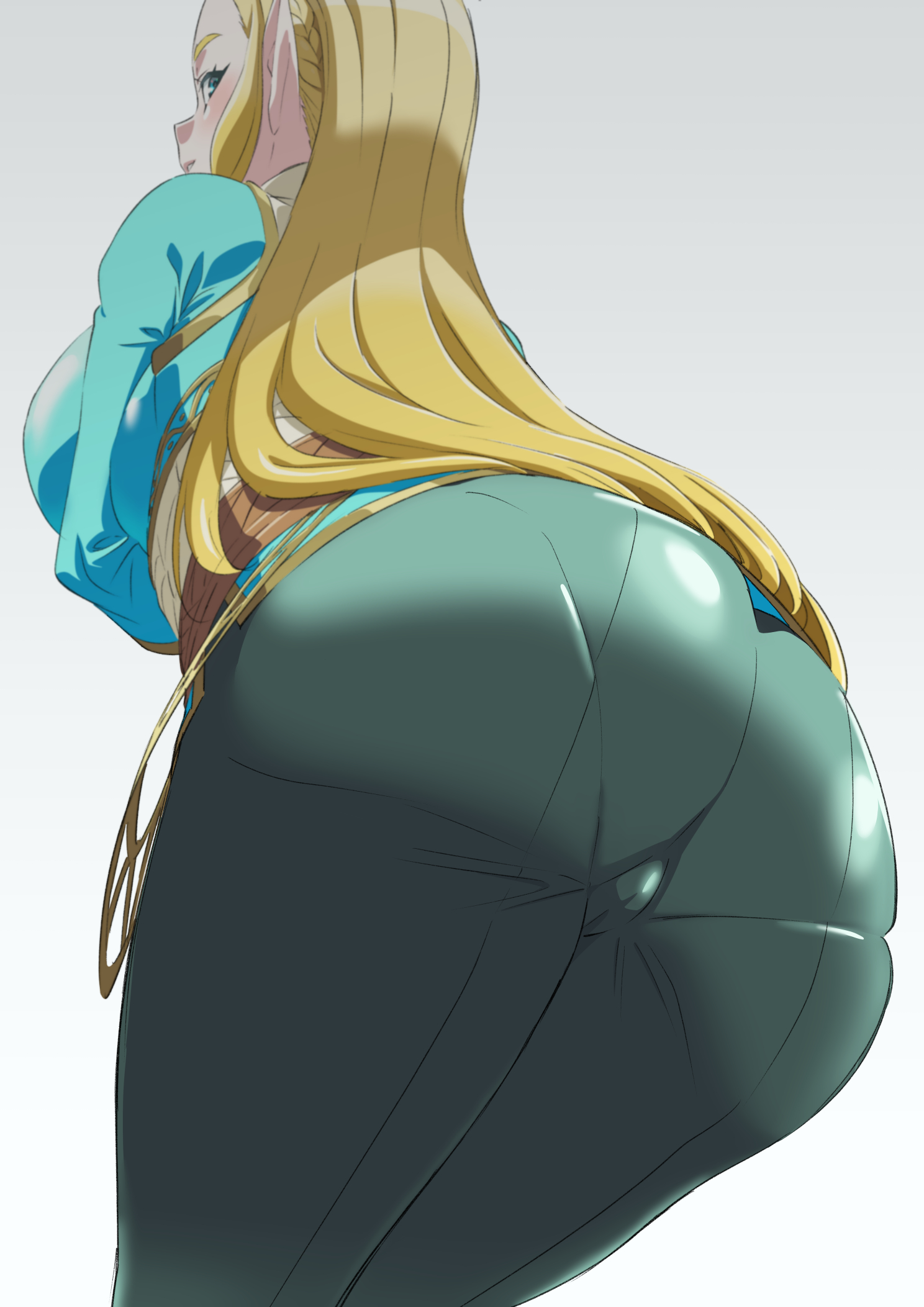 1girls, ass, ass focus, bending forward, big ass, bimbo, breath of the wild, cameltoe, female, fully clothed, leggings, long hair, panties, panties visible through clothing, pantylines, pointy ears, princess zelda, pussy, the legend of zelda, thick ass, thick thighs, thighs, yoga pants, zelda (breath of the wild)