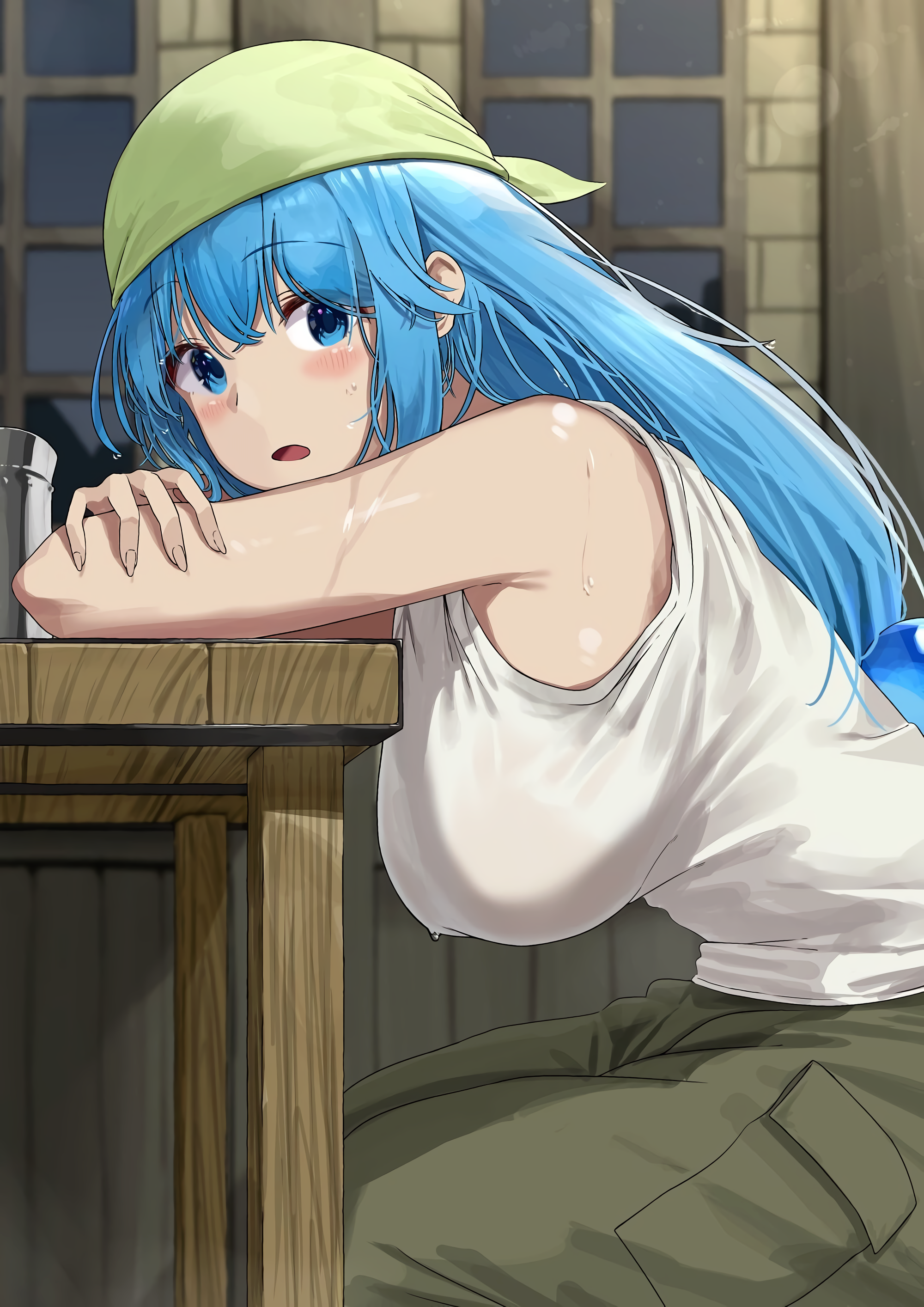 1girls, aqua (konosuba), armpit, baggy clothing, baggy pants, blue eyes, blue hair, blush, breasts, female, female only, indoors, kono subarashii sekai ni shukufuku wo!, large breasts, leaning on object, looking at viewer, messy hair, shoulders, solo, sweat, table, wet shirt, wet skin, white skin