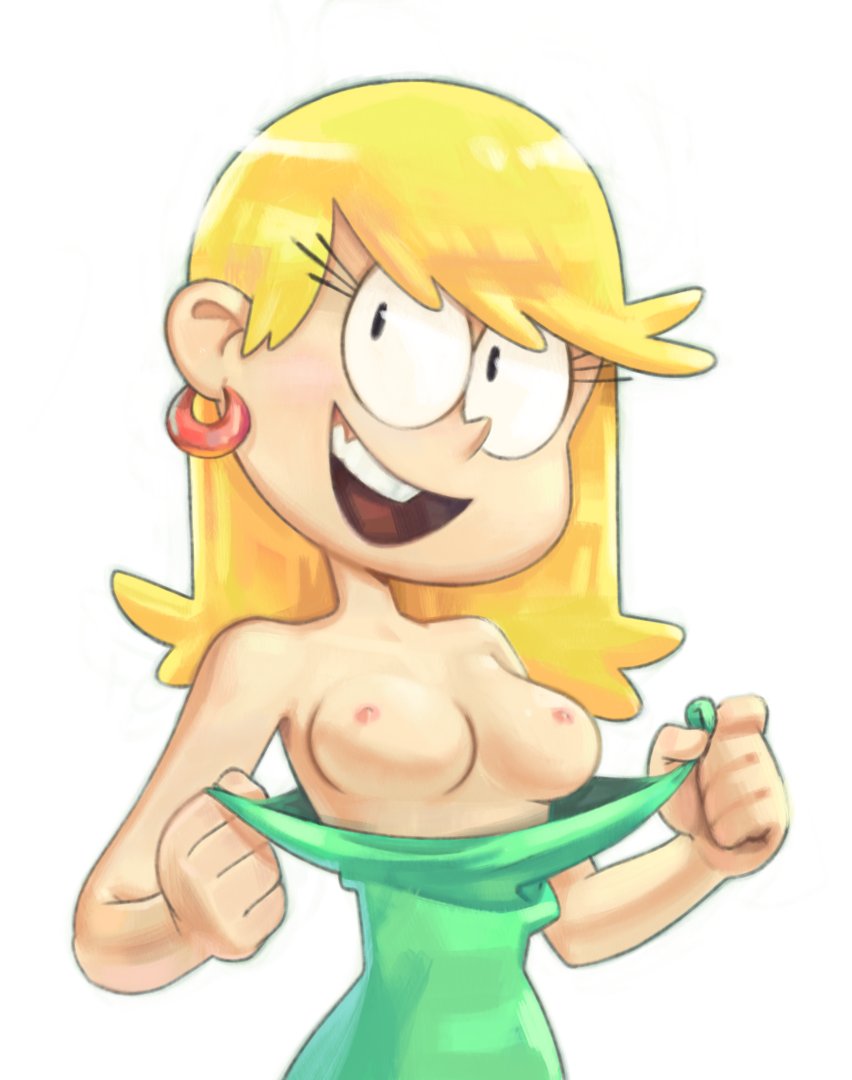 1girls aoncyth blonde_hair breasts clothing_down earrings eyelashes female female_only flashing flashing_breasts leni_loud nipples no_bra nudity open_mouth partially_nude shirt_down smile solo solo_female solo_focus teeth the_loud_house