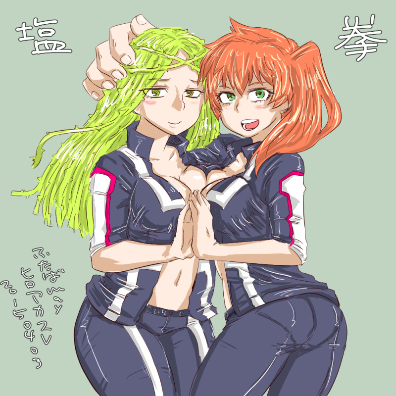2girls, artist request, big hands, blush, breast press, breast to breast, breasts, class 1b, cleavage, clothed, female, female only, female/female, green eyes, green hair, gym uniform, ibara shiozaki, itsuka kendou, japanese text, kendou itsuka, long hair, looking at viewer, multiple females, multiple girls, my hero academia, navel, open clothes, open shirt, orange hair, ponytail, red hair, shiozaki ibara, side ponytail, smile, text, tied hair, translation request, u.a. gym uniform, unbuttoned shirt, vines, yuri