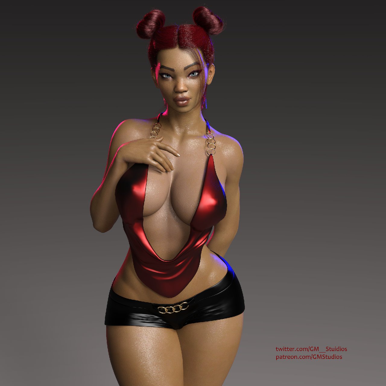 1girls, 2021, 3d, apex legends, blue eyes, breasts, cleavage, dark skin, dark-skinned female, erect nipples, female, female only, gm studios, hair buns, large breasts, lifeline (apex legends), looking at viewer, low cut top, nipples, nipples visible through clothing, red hair, redhead, respawn entertainment, revealing clothes, sci-fi, science fiction, scifi, shiny skin, short shorts, shorts, skimpy, solo, solo female, thick lips, wet skin