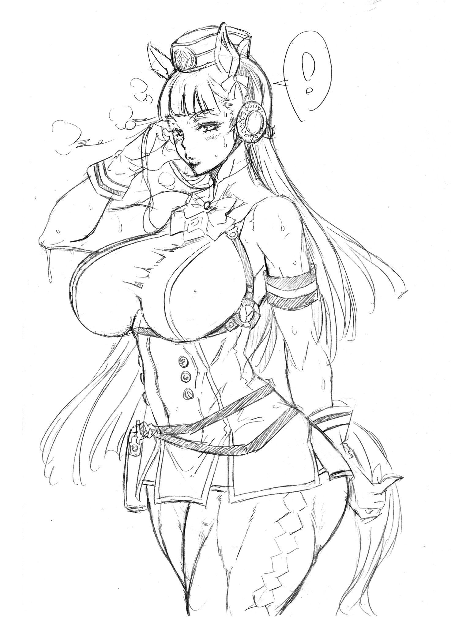 ando hiroyuki, big breasts, breasts, clothing, curvy, female, gold ship (umamusume), horse ears, horse tail, huge breasts, long hair, looking at viewer, sketch, sweat, sweaty, thick thighs, umamusume, uniform, wide hips