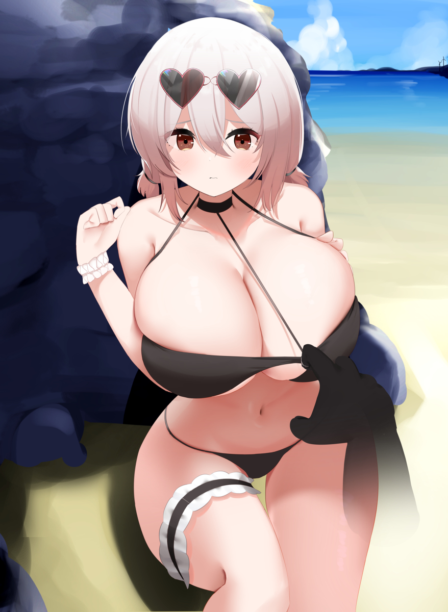 1boy 1girls azur_lane beach big_breasts breasts disembodied_hand light-skinned_female light_skin male_pov male_silhouette nicorima outdoors pov royal_navy_(azur_lane) sand silhouette sirius_(azur_lane) sirius_(scorching-hot_seirios)_(azur_lane) sky water