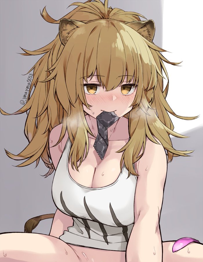 arknights, artist request, big breasts, blonde hair, blush, bottomless, breasts, cat girl, cleavage, condom, condom in mouth, female, lion ears, looking at viewer, ponytail, siege (arknights), spread legs, sweat, sweatdrop, tank top, yellow eyes
