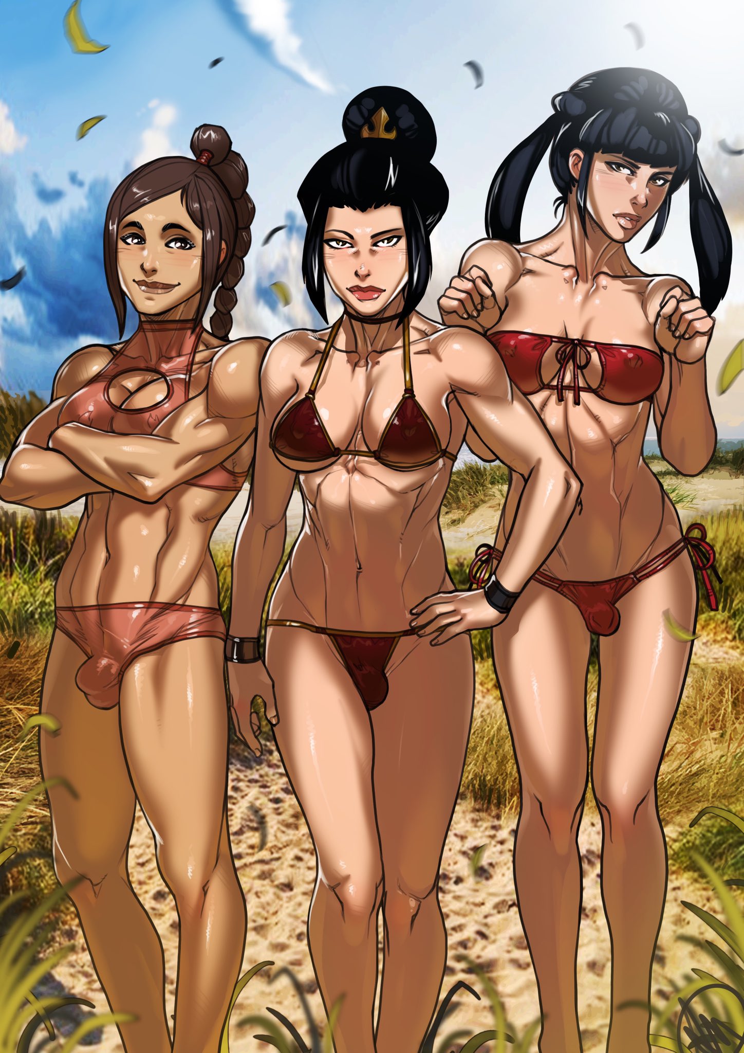 3futas, abs, avatar the last airbender, azula, big breasts, breasts, bulge, futa only, futanari, ganassa, intersex, large breasts, mai (avatar), medium breasts, muscles, muscular, muscular futa, nickelodeon, swimsuit, ty lee