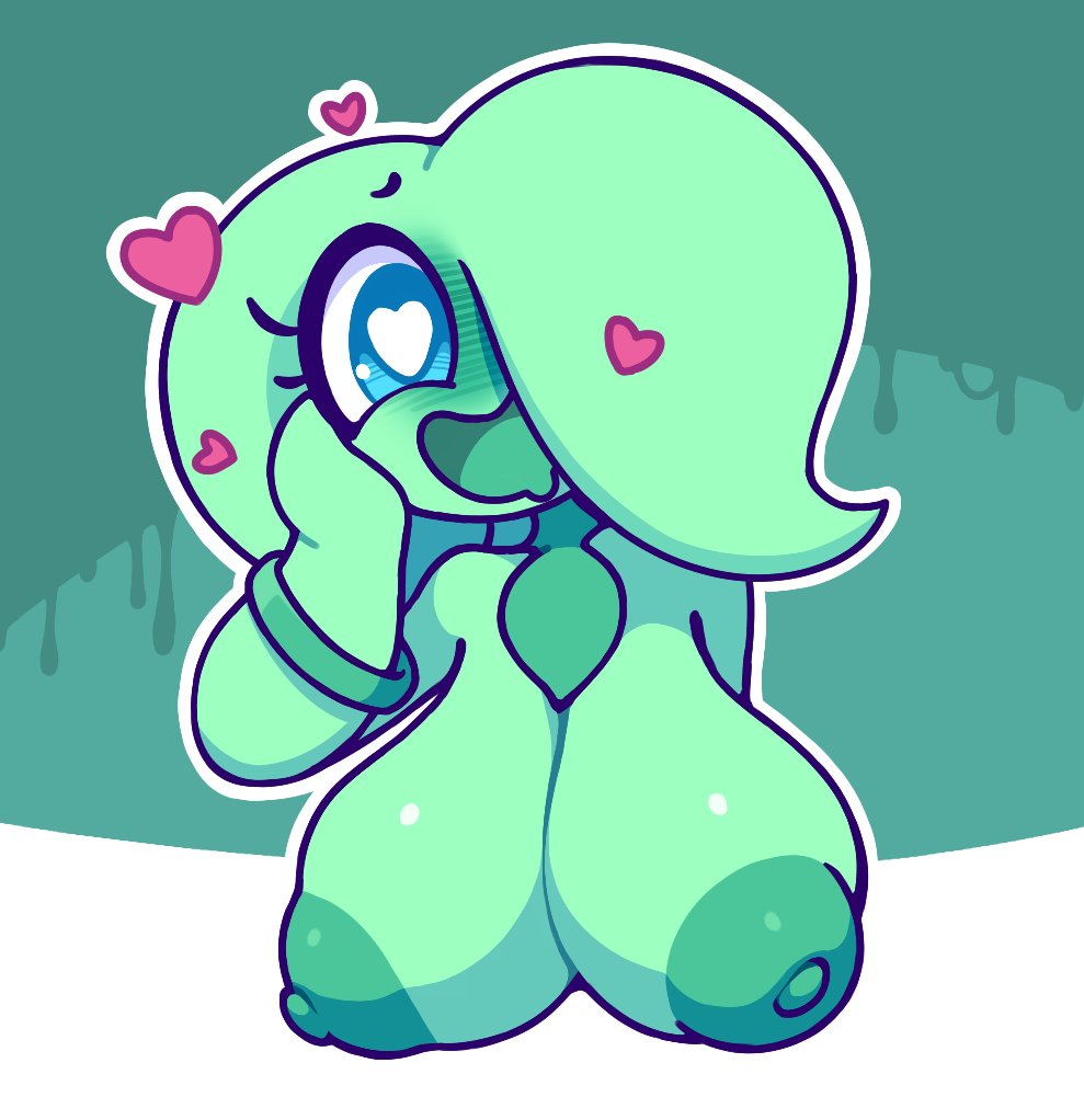 2021, anthro, big breasts, blush, breasts, female, female focus, female only, flora fauna, hand on head, happy, heart, heart-shaped pupils, looking at viewer, nipples, olivia (screwroot), open mouth, original character, screwroot, smile