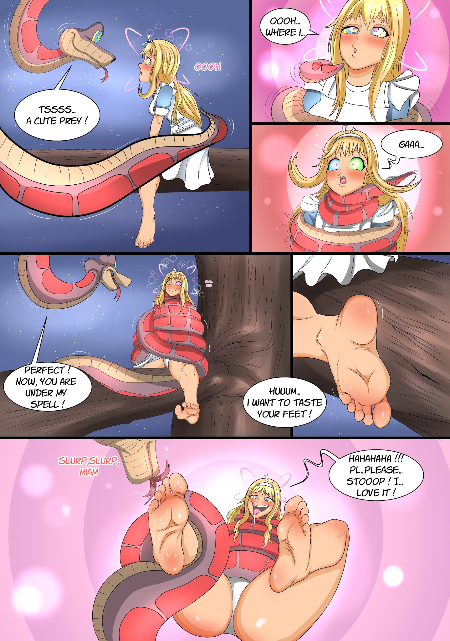 1girls, artofadam, blush, crossover, feet, female, female focus, foot fetish, foot lick, hypnosis, kaa, kaa eyes, male, mind control, panties, snake, soles, the jungle book, toes, underwear
