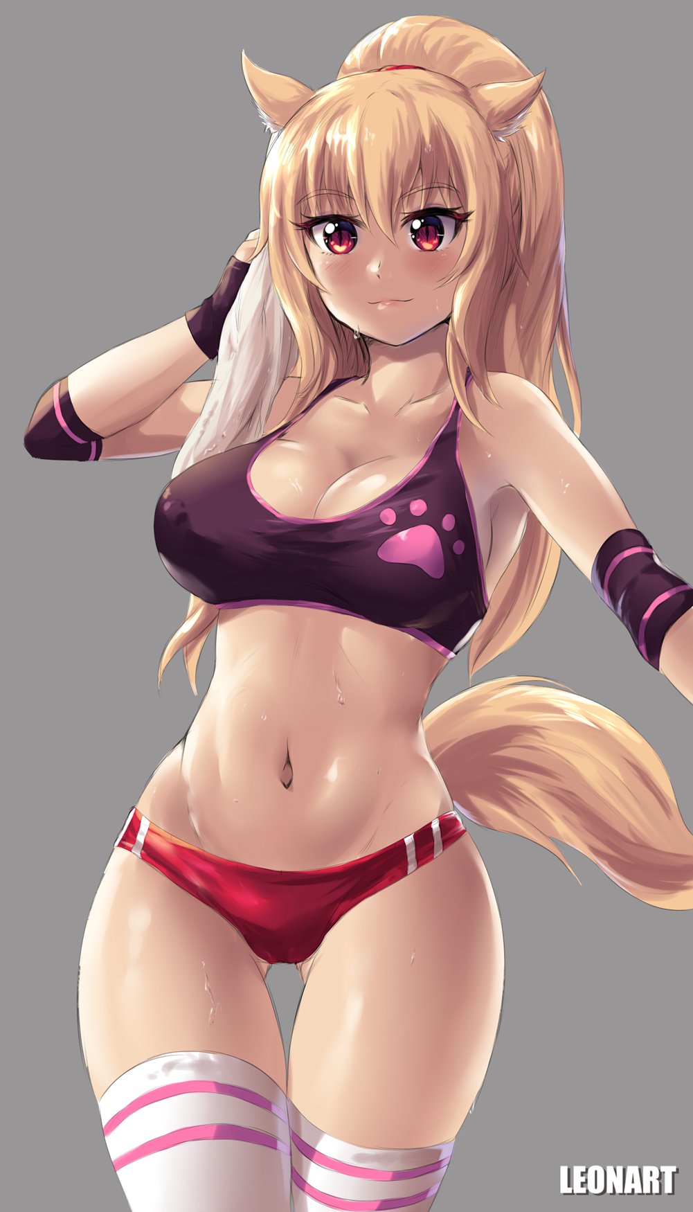 animal_ears blonde_hair blush breasts buruma cleavage erect_nipples erect_nipples_under_clothes leonart navel ponytail red_eyes sports_bra standing sweat tagme tail thigh_gap thighhighs tiffy