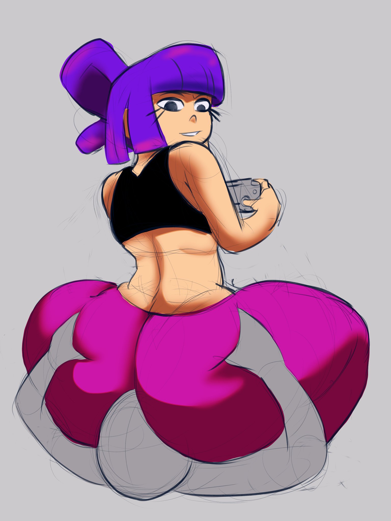 anon, ass, ass grab, back view, big ass, clothed, clothed female, facesitting, fat ass, female, gaming, glitch techs, looking back, miko kubota, no eyewear, purple hair, sitting on face, sitting on person, tool01k