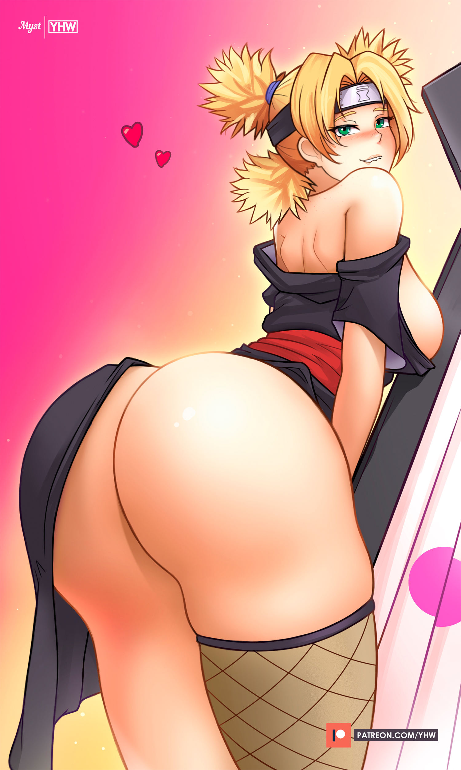 1girls, ass, bare ass, bare shoulders, big ass, biting lip, blonde hair, breasts, clothed, dress, dress aside, female, female only, green eyes, highres, huge ass, leaning forward, looking at viewer, looking back, myst, naruto, naruto (series), naruto shippuden, off shoulder, seductive, seductive look, sideboob, smile, solo, solo focus, temari, thick thighs, thighhighs, thighs, twintails, yhw