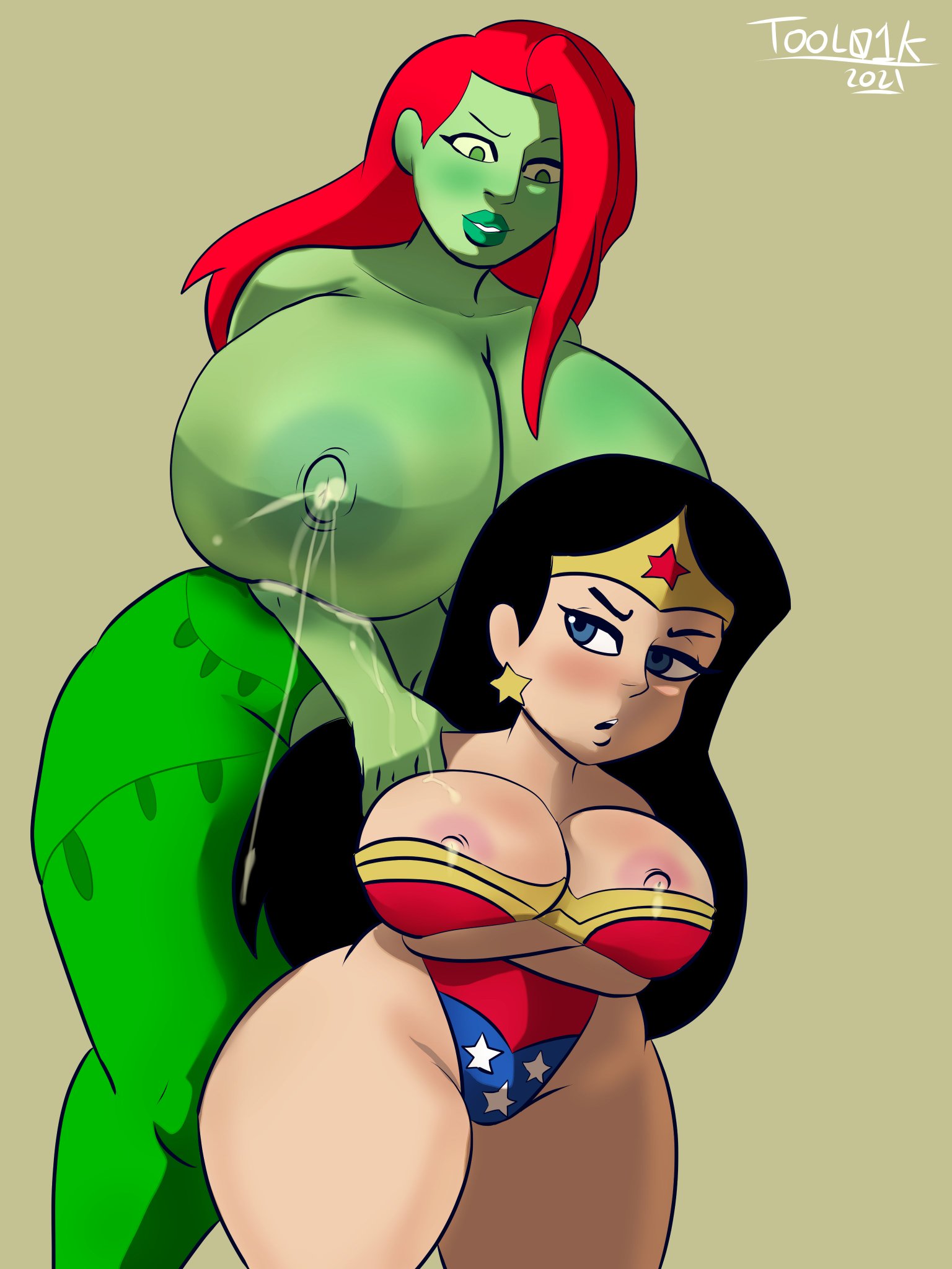 2d, 2girls, batman (series), big breasts, black hair, blue eyes, breast size difference, breasts, dc, dc comics, female, female only, green eyes, green skin, green-skinned female, hand on shoulder, lactation, looking back, nipples, pamela isley, poison ivy, red hair, shortstack, size difference, superheroine, supervillain, thick thighs, tool01k, wonder woman, wonder woman (series)
