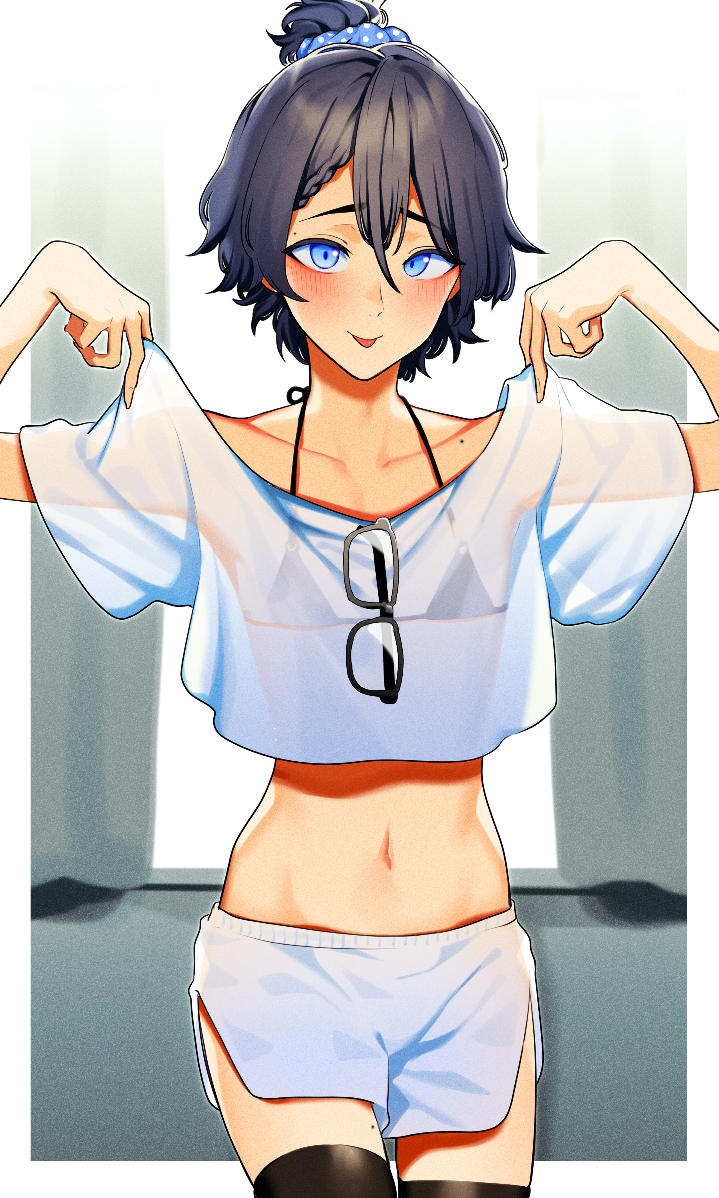 :p, 1boy, bikini, bikini top, bikini under clothes, blonde hair, blue eyes, blush, clothing, cute, femboy, flat chest, girly, indie virtual youtuber, kusi zaki, kusi zaki (character), looking at viewer, male, male only, midriff, mole, navel, see-through, see-through clothing, shorts, swimsuit, thighhighs, trap, virtual youtuber