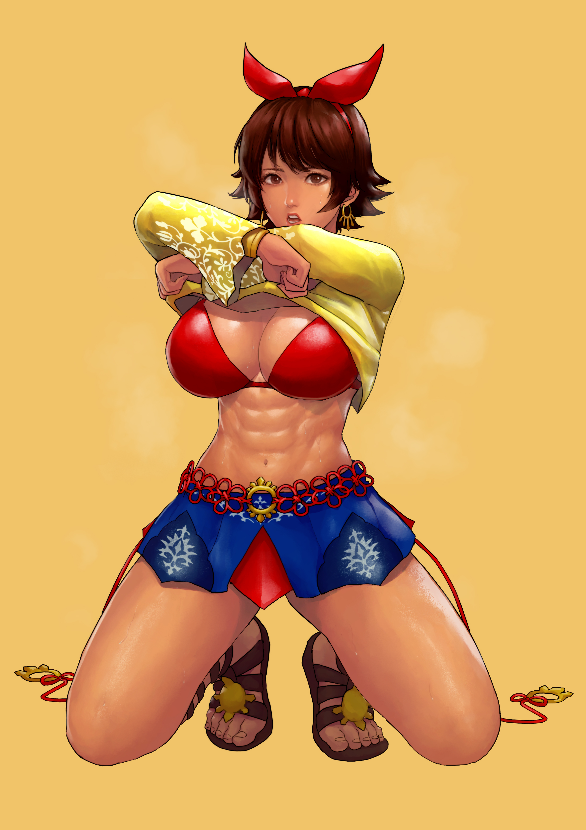 1girls, 2d, 2d (artwork), abs, absurdres, armpits, asian, asian female, big breasts, bra, breasts, brown eyes, brown hair, cirenk, cleavage, dark skin, dark-skinned female, earrings, female, female only, filipina, filipino female, fit, fit female, gladiator sandals, hi res, huge breasts, human, human female, human only, josie rizal, kneeling, large breasts, looking at viewer, muscular, muscular female, namco, navel, no sex, open toe shoes, presenting breasts, presenting cleavage, questionable, sandals, short hair, simple background, skirt, solo, solo female, sweat, tekken, tekken 7, thighs, undressing, video game character, yellow background