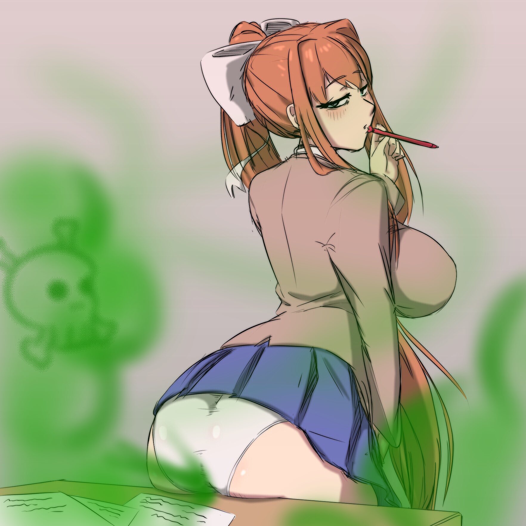 ass, big ass, big breasts, breasts, desk, doki doki literature club, edit, fart, fart cloud, fart fetish, female, female only, looking back, monika (doki doki literature club), panties, school uniform, schoolgirl, seductive, sitting, table