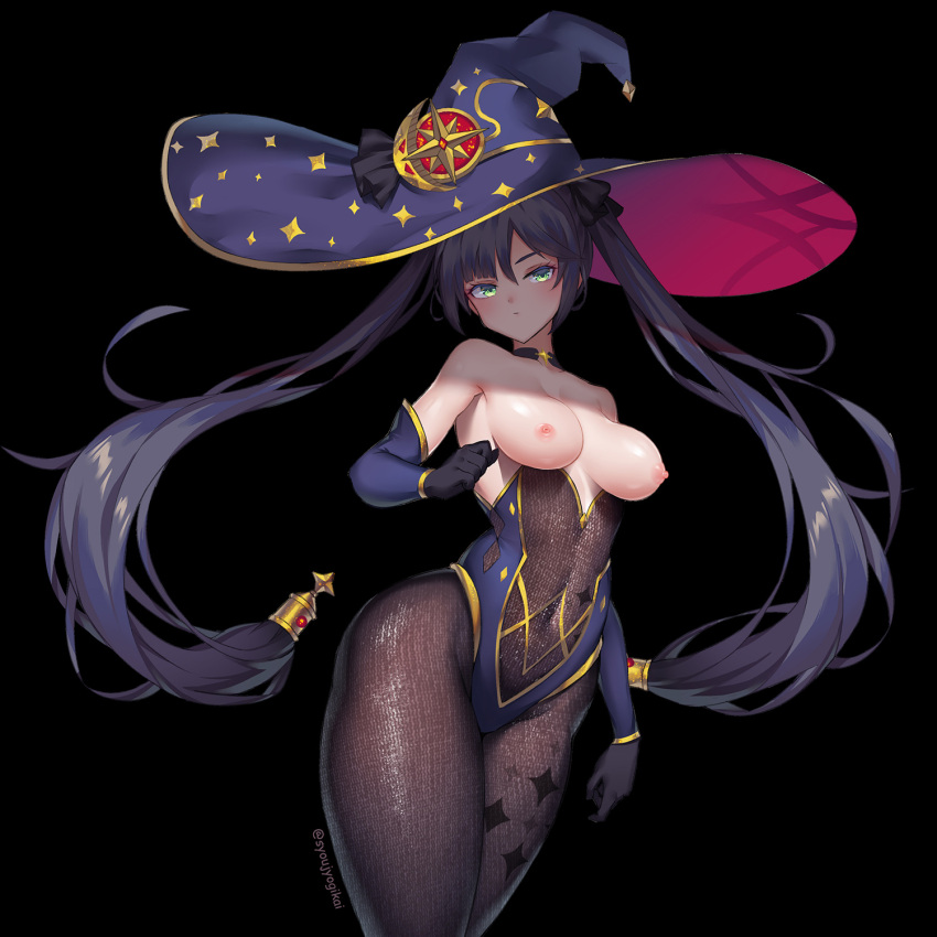 black hair, bra, female, genshin impact, green eyes, hat, long hair, mona (genshin impact), nipples, solo, topless, witch