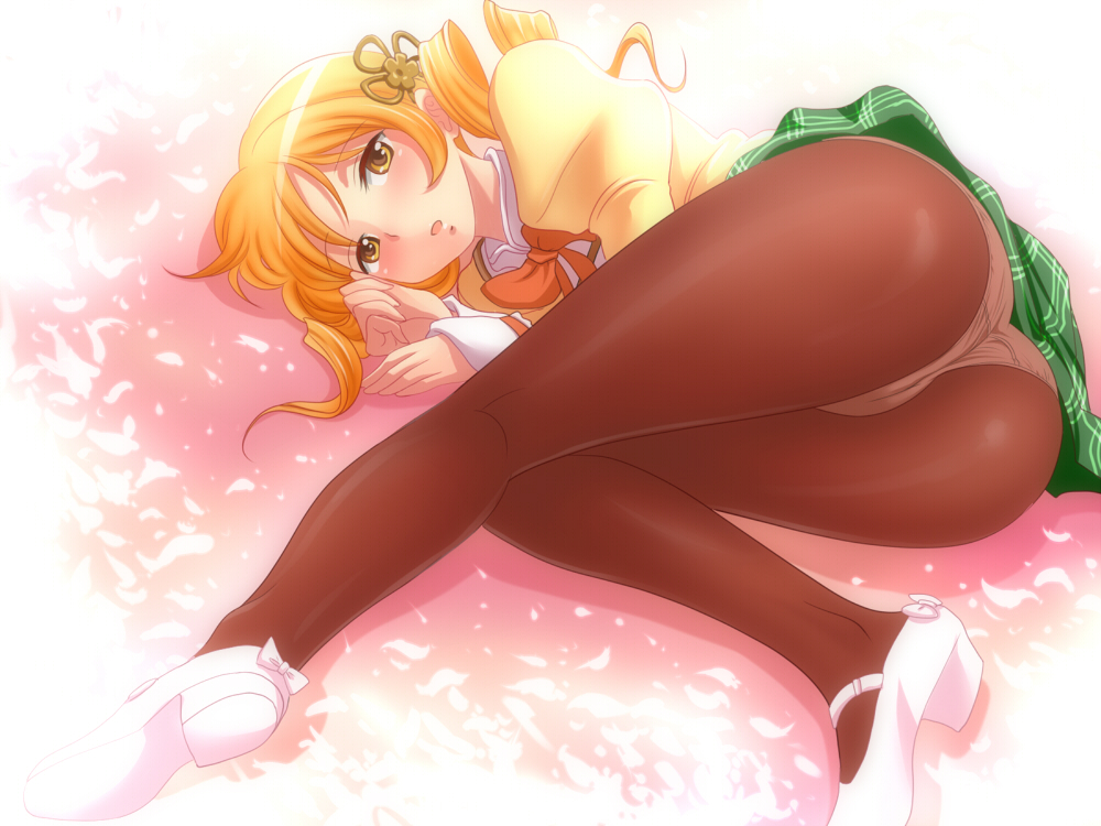 1girls, ass, ass focus, big ass, big butt, black panties, blonde hair, calm, clothed, drill hair, female, female only, looking at viewer, lying, mahou shoujo madoka magica, panties, panties under pantyhose, pantyhose, school uniform, shoes, skirt, solo, solo female, tomoe mami, upskirt, white shoes, young
