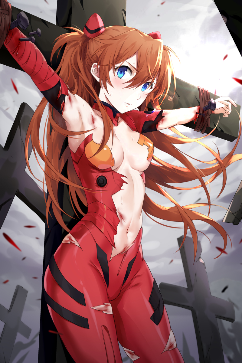 1girls arms_out asuka_langley_sohryu blood blush bondage breasts bruises clothing crucifixion devil_heavens looking_at_viewer medium_breasts nailed_to_cross neon_genesis_evangelion torn_clothes