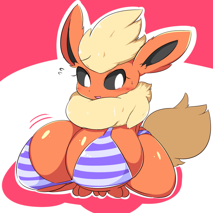 anthro bikini female female_only flareon game_freak huge_breasts kneeling large_breasts looking_at_viewer nintendo pokémon_(species) pokemon simple_background solo_female sugaru tagme thick_thighs wide_hips