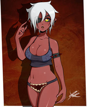 big_breasts black_sclera breasts demon_girl eyepatch looking_at_viewer open_mouth original_character panties pierced_ears pointing_at_self quote-j red_skin sharp_fingernails soul_the_demon spiked_cuffs white_hair yellow_eyes